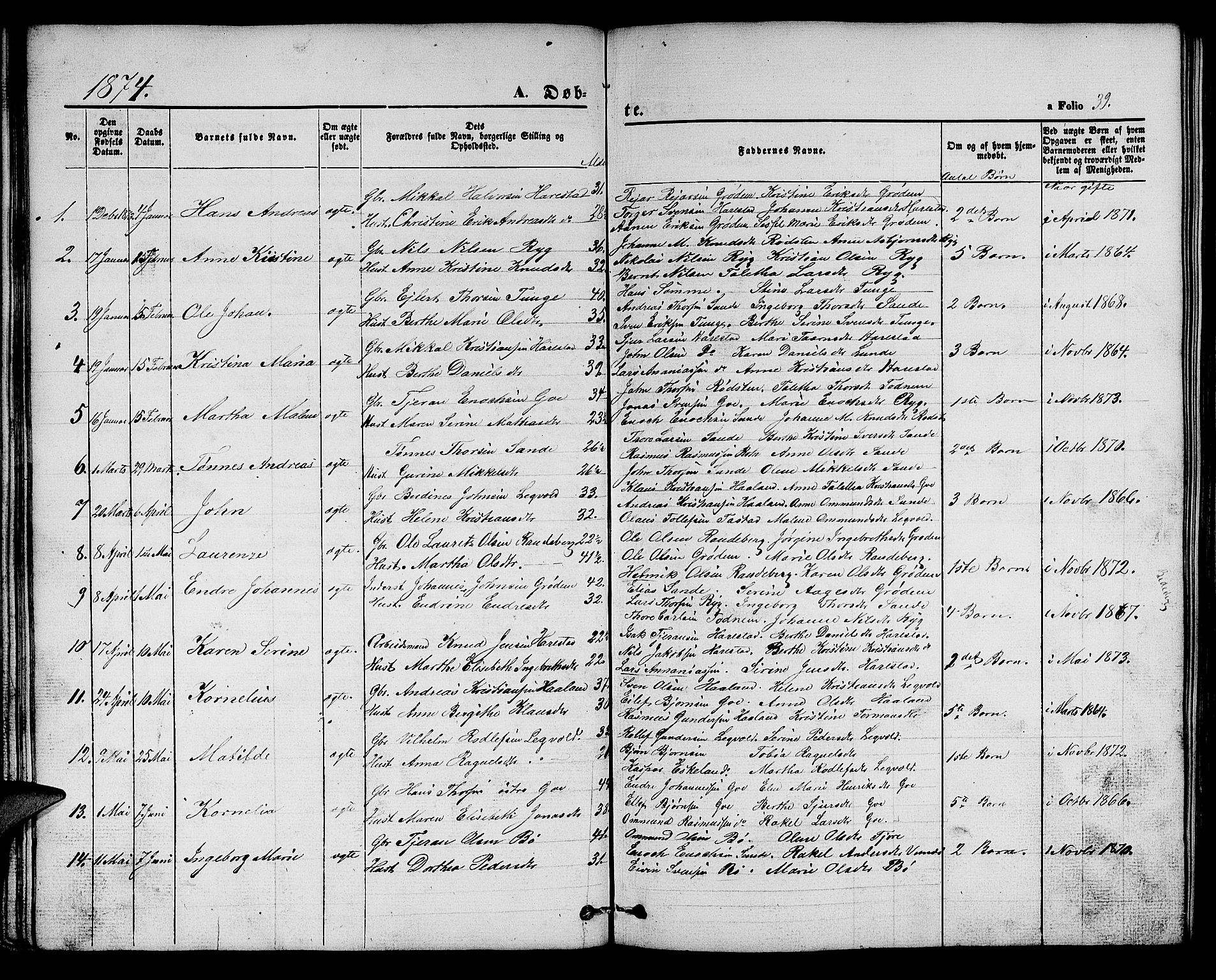 Hetland sokneprestkontor, AV/SAST-A-101826/30/30BB/L0002: Parish register (copy) no. B 2, 1856-1891, p. 39