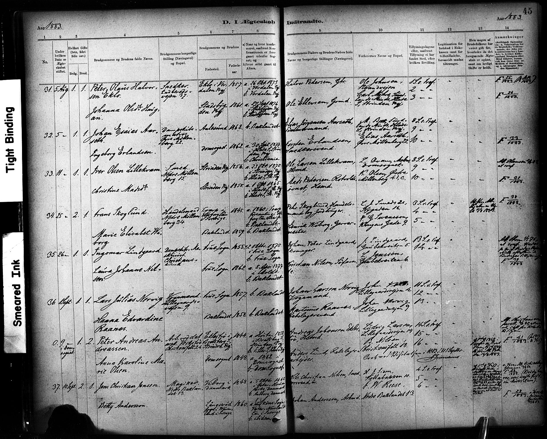 Ministerialprotokoller, klokkerbøker og fødselsregistre - Sør-Trøndelag, AV/SAT-A-1456/604/L0189: Parish register (official) no. 604A10, 1878-1892, p. 45