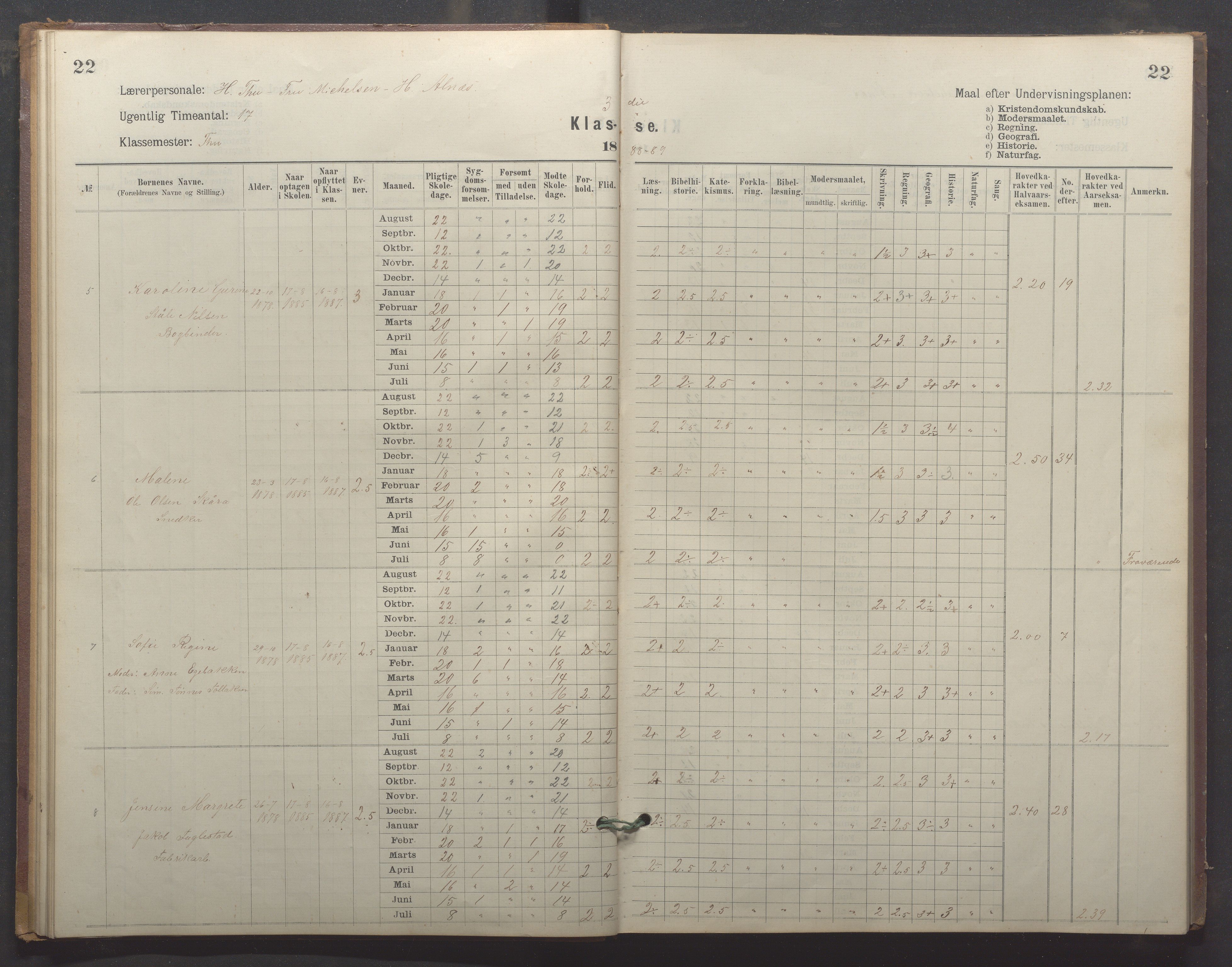 Egersund kommune (Ladested) - Egersund almueskole/folkeskole, IKAR/K-100521/H/L0024: Skoleprotokoll - Almueskolen, 3. klasse, 1887-1892, p. 22