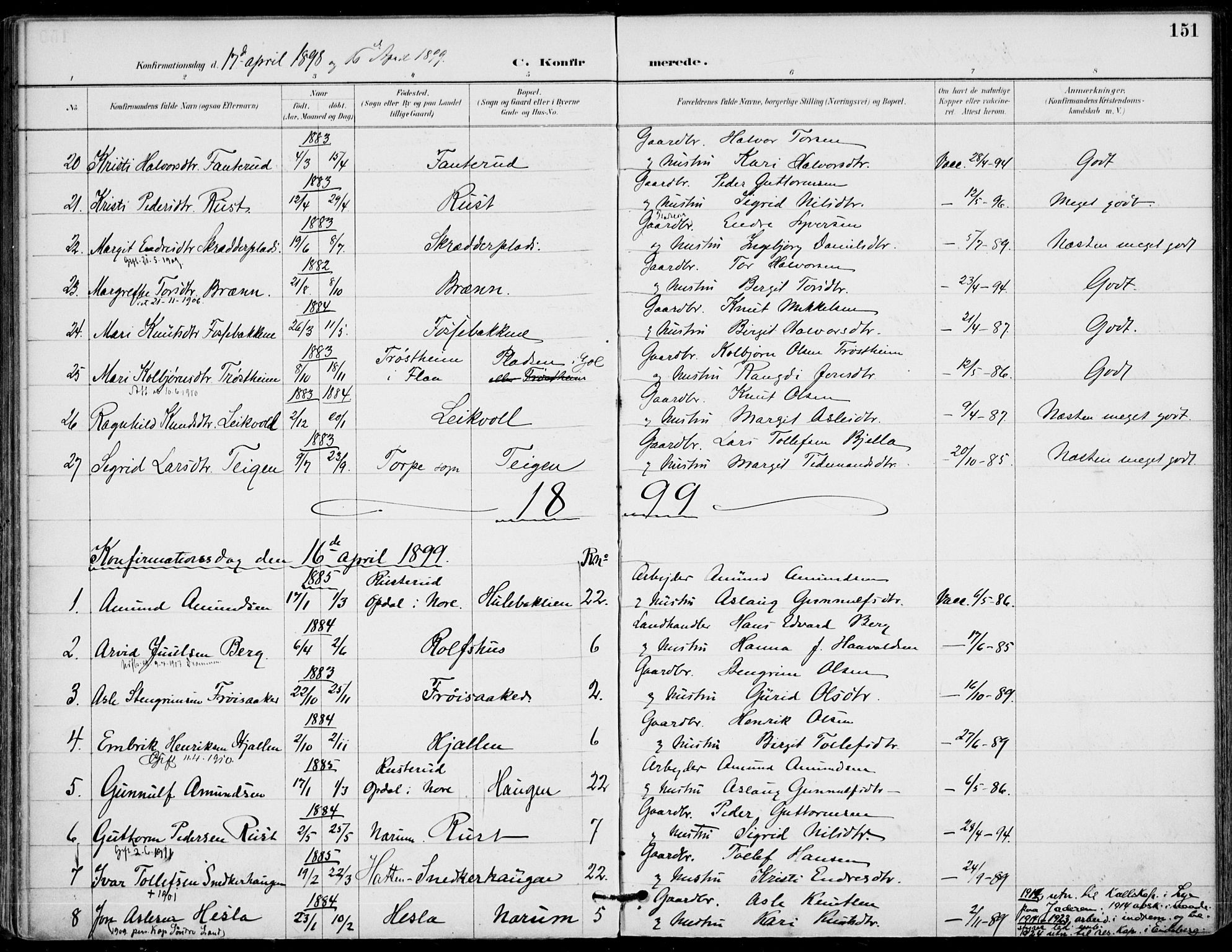 Gol kirkebøker, AV/SAKO-A-226/F/Fa/L0005: Parish register (official) no. I 5, 1887-1900, p. 151