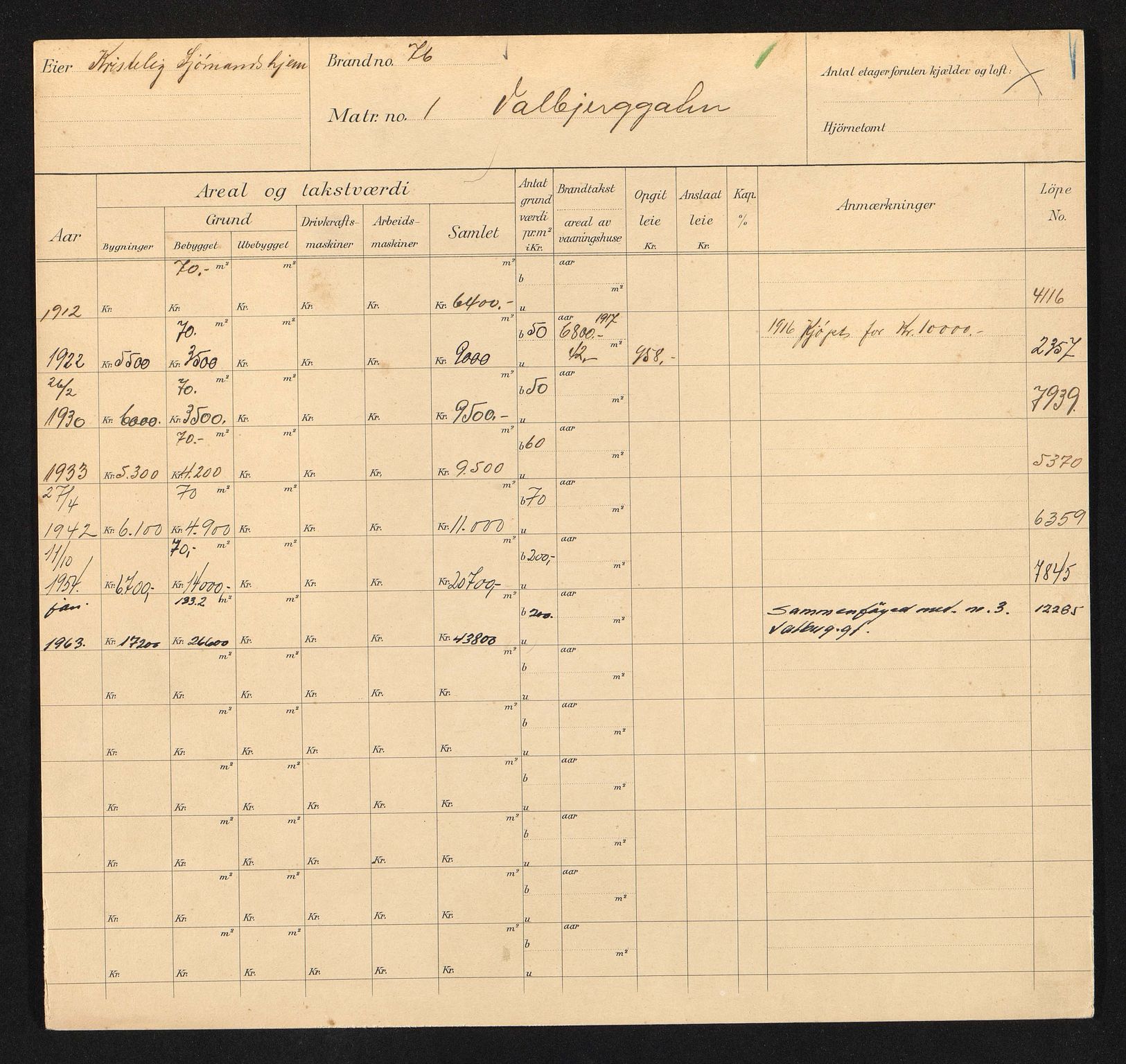 Stavanger kommune. Skattetakstvesenet, BYST/A-0440/F/Fa/Faa/L0044/0005: Skattetakstkort / Valberggata 1 - Valberget - Valkyrjegata 47