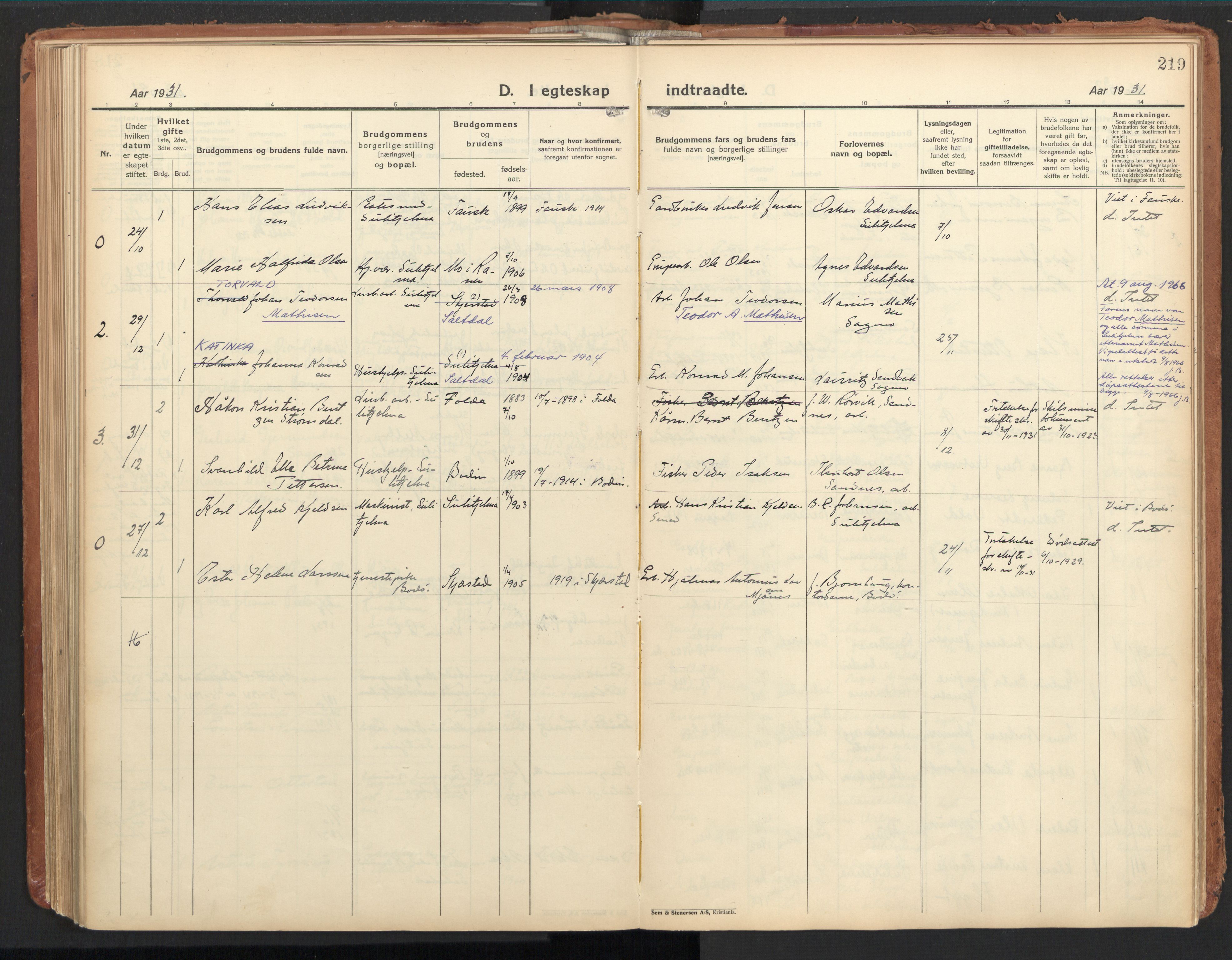 Ministerialprotokoller, klokkerbøker og fødselsregistre - Nordland, AV/SAT-A-1459/850/L0716: Curate's parish register no. 850B06, 1924-1938, p. 219