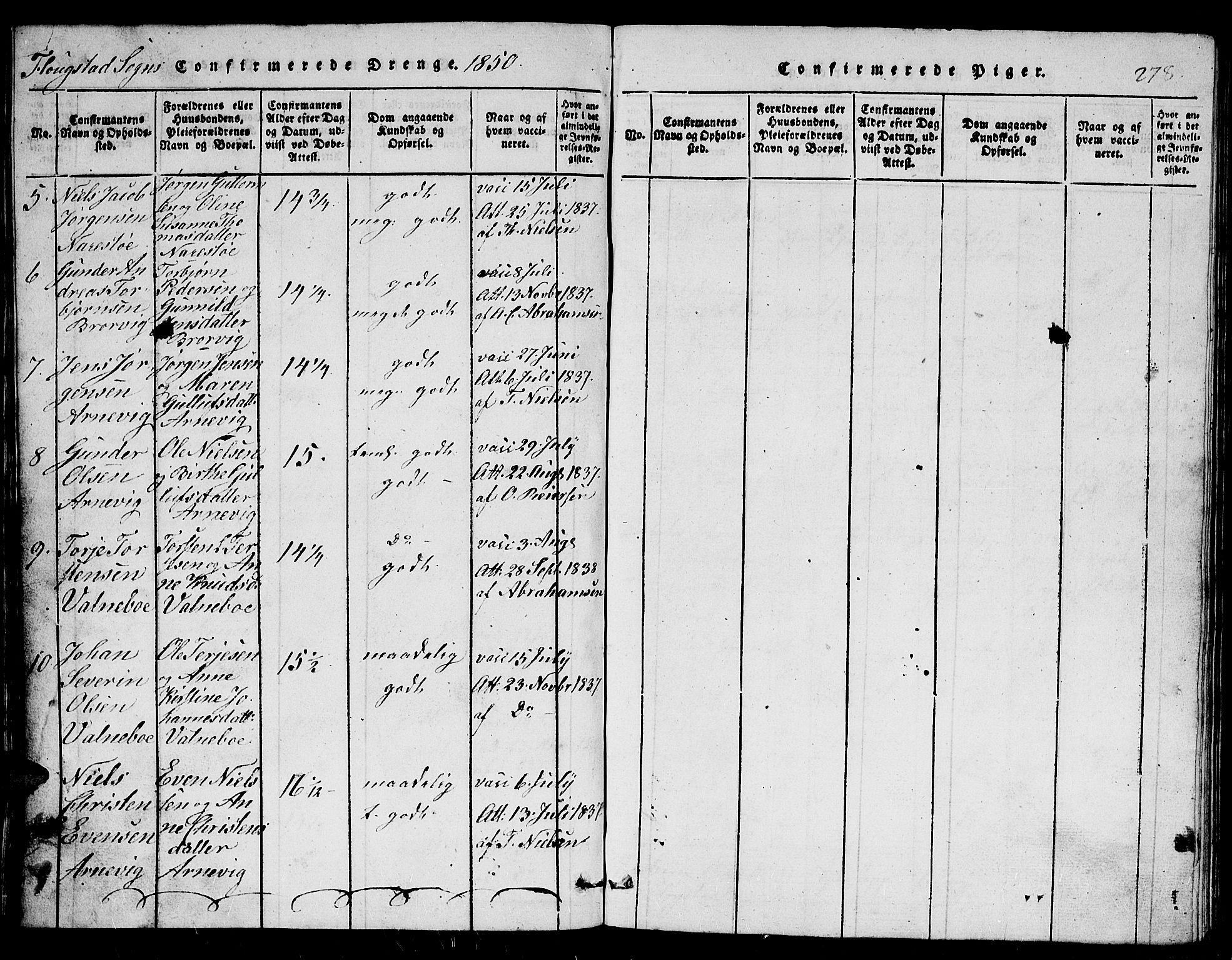 Dypvåg sokneprestkontor, AV/SAK-1111-0007/F/Fb/Fbb/L0001: Parish register (copy) no. B 1, 1816-1850, p. 278