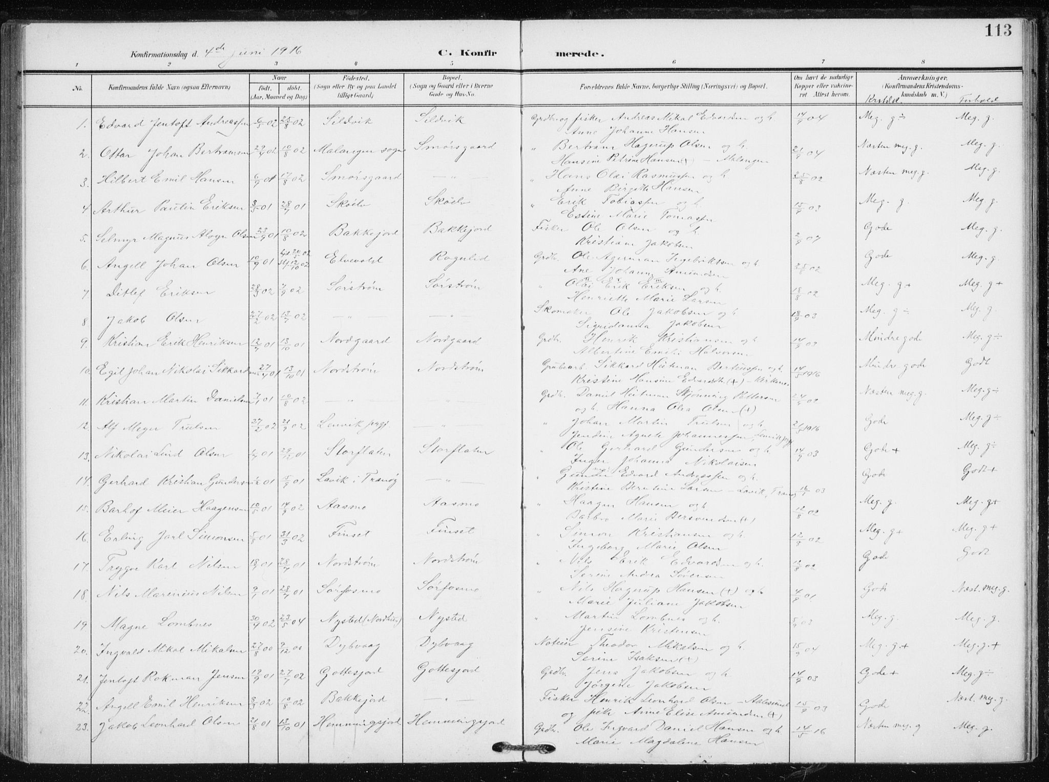Tranøy sokneprestkontor, SATØ/S-1313/I/Ia/Iaa/L0012kirke: Parish register (official) no. 12, 1905-1918, p. 113