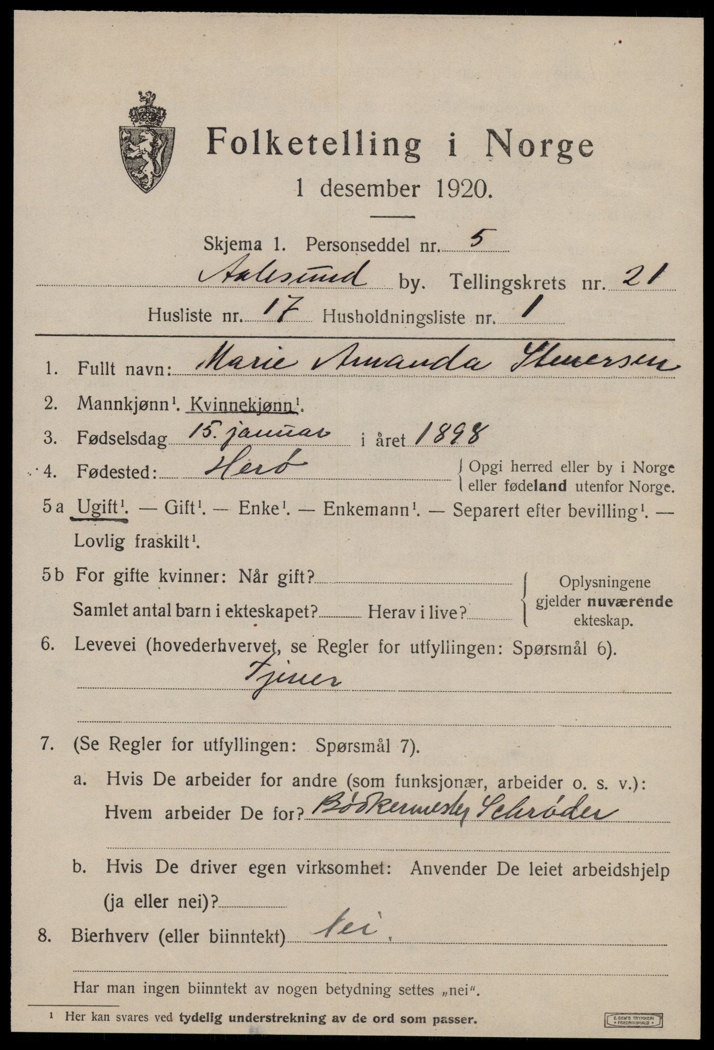 SAT, 1920 census for Ålesund, 1920, p. 40264