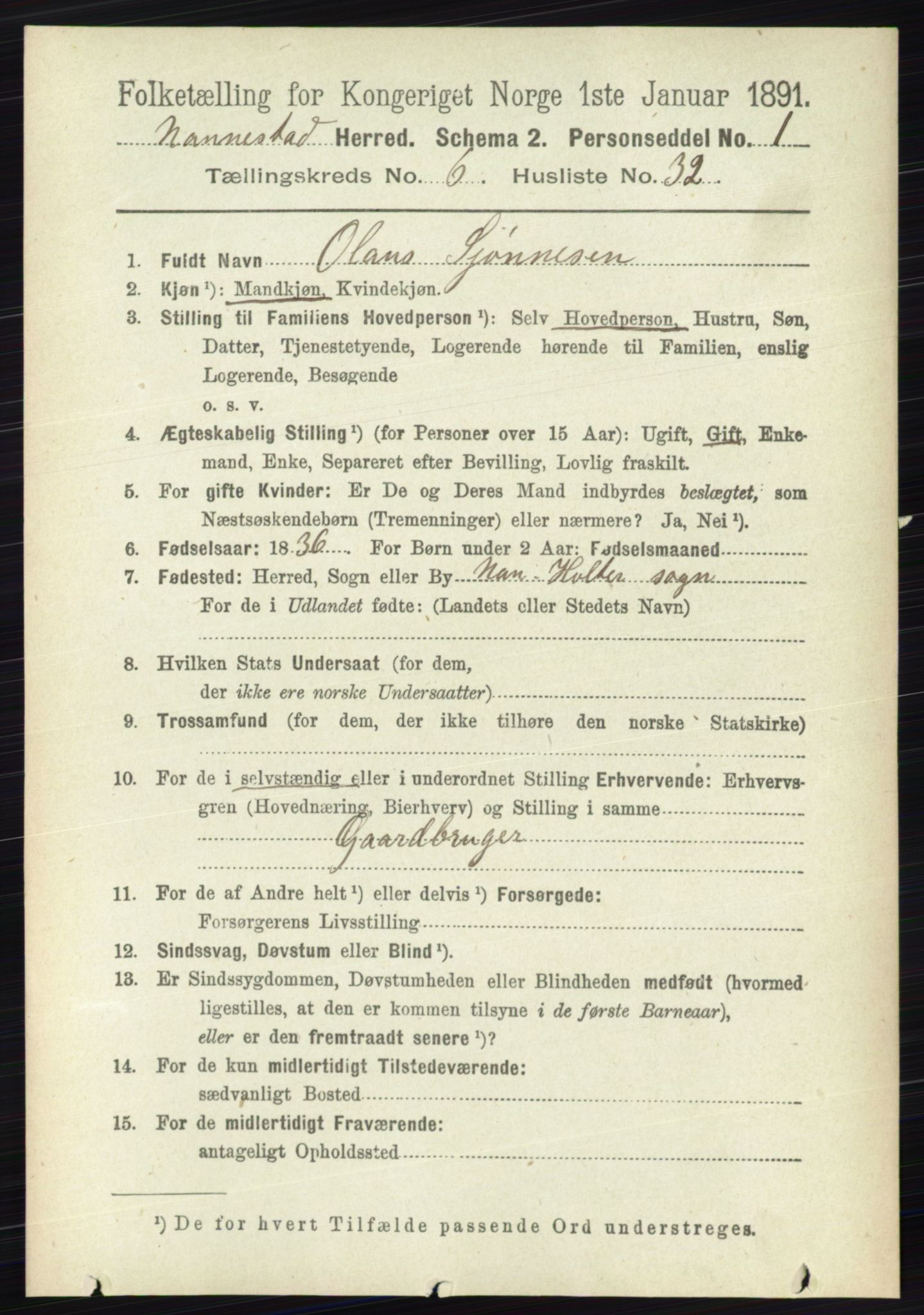 RA, 1891 census for 0238 Nannestad, 1891, p. 3233