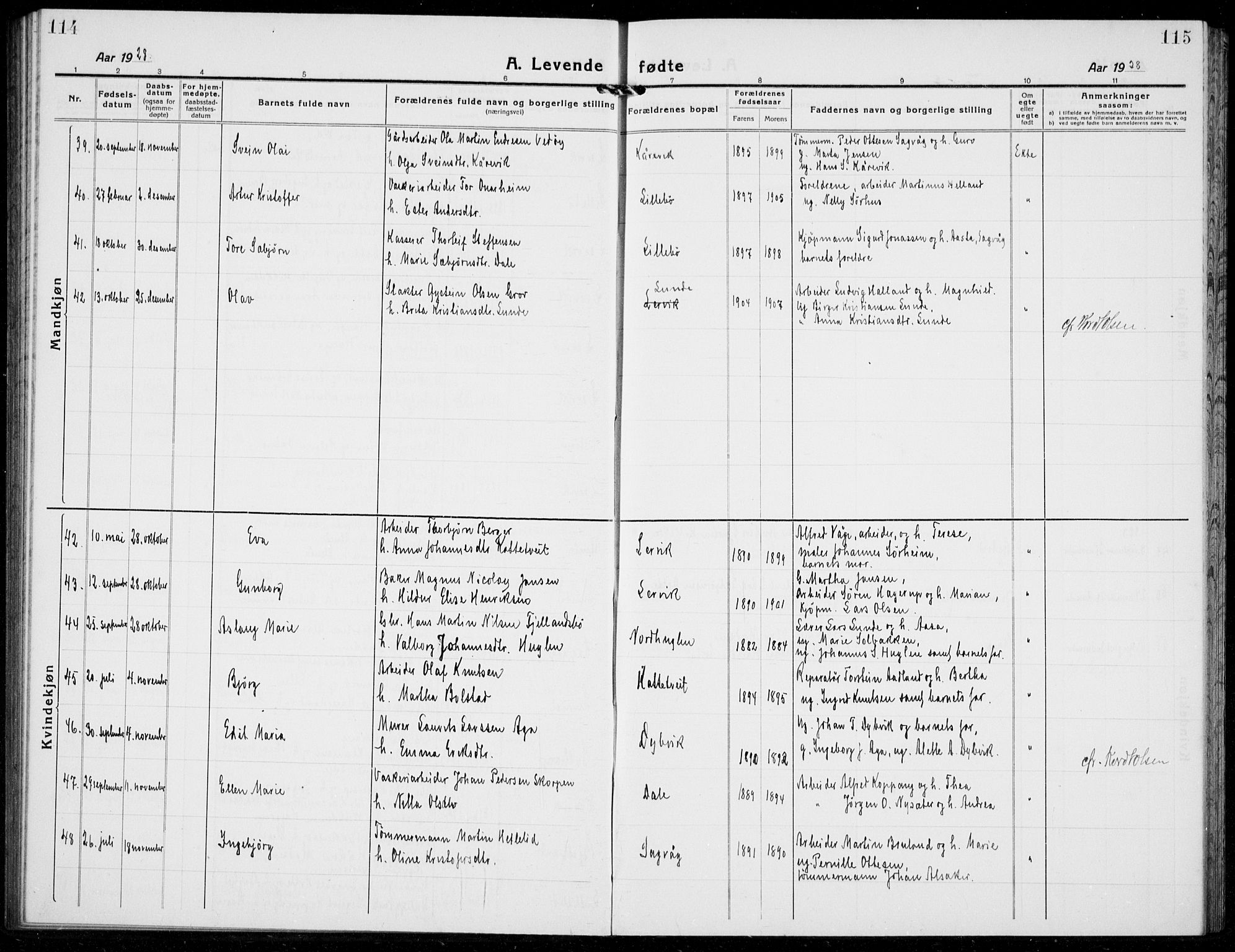 Stord sokneprestembete, SAB/A-78201/H/Hab: Parish register (copy) no. A 4, 1919-1933, p. 114-115