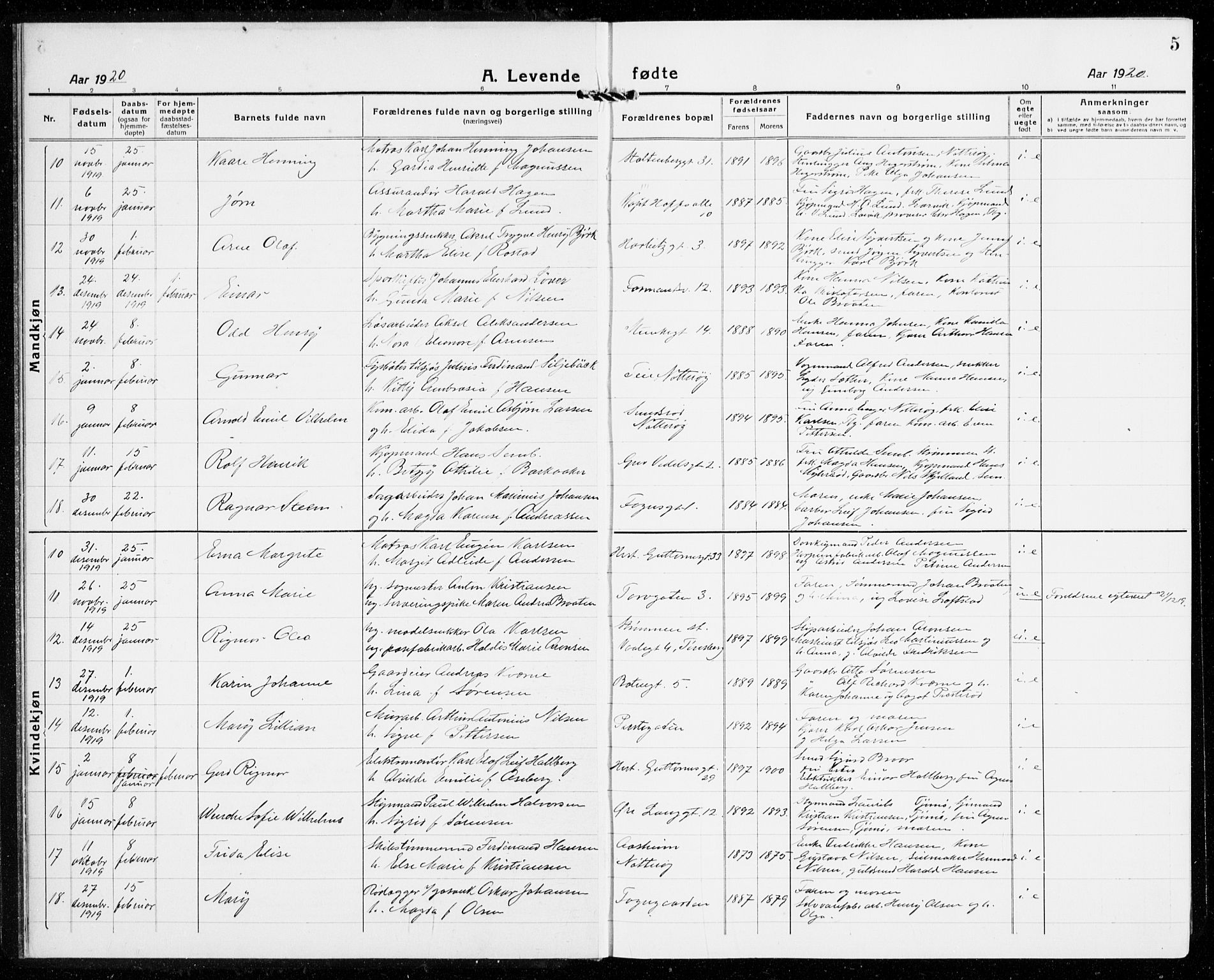 Tønsberg kirkebøker, AV/SAKO-A-330/G/Ga/L0010: Parish register (copy) no. 10, 1920-1942, p. 5