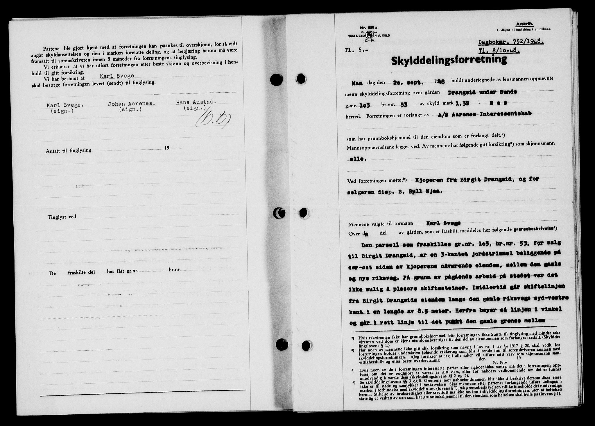 Flekkefjord sorenskriveri, SAK/1221-0001/G/Gb/Gba/L0064: Mortgage book no. A-12, 1948-1949, Diary no: : 752/1948