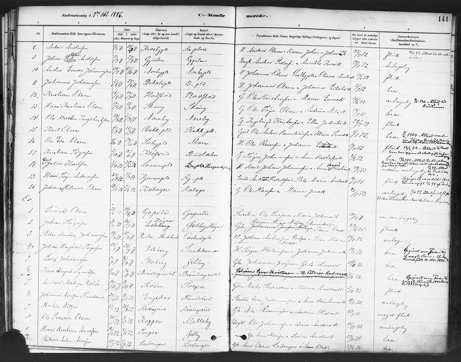 Rakkestad prestekontor Kirkebøker, AV/SAO-A-2008/F/Fa/L0012: Parish register (official) no. I 12, 1878-1893, p. 141