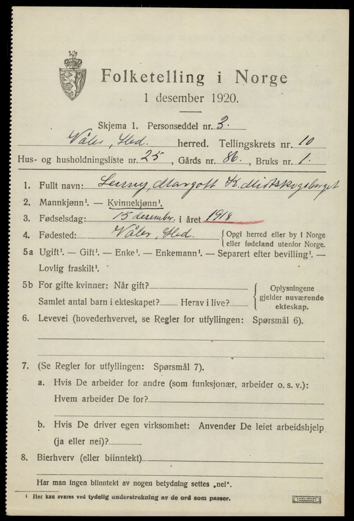 SAH, 1920 census for Våler (Hedmark), 1920, p. 10181