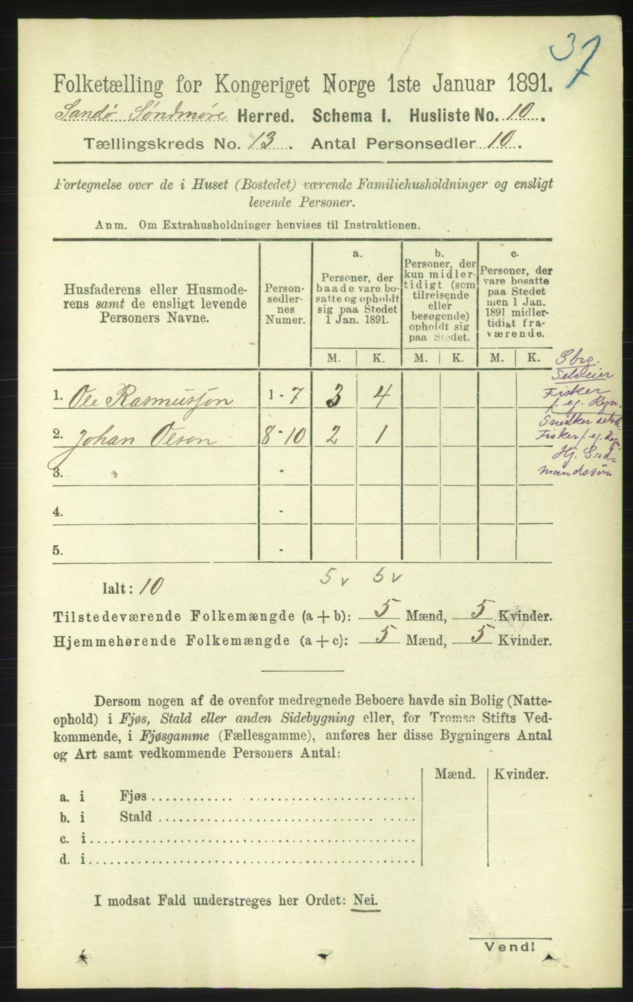 RA, 1891 census for 1514 Sande, 1891, p. 2412