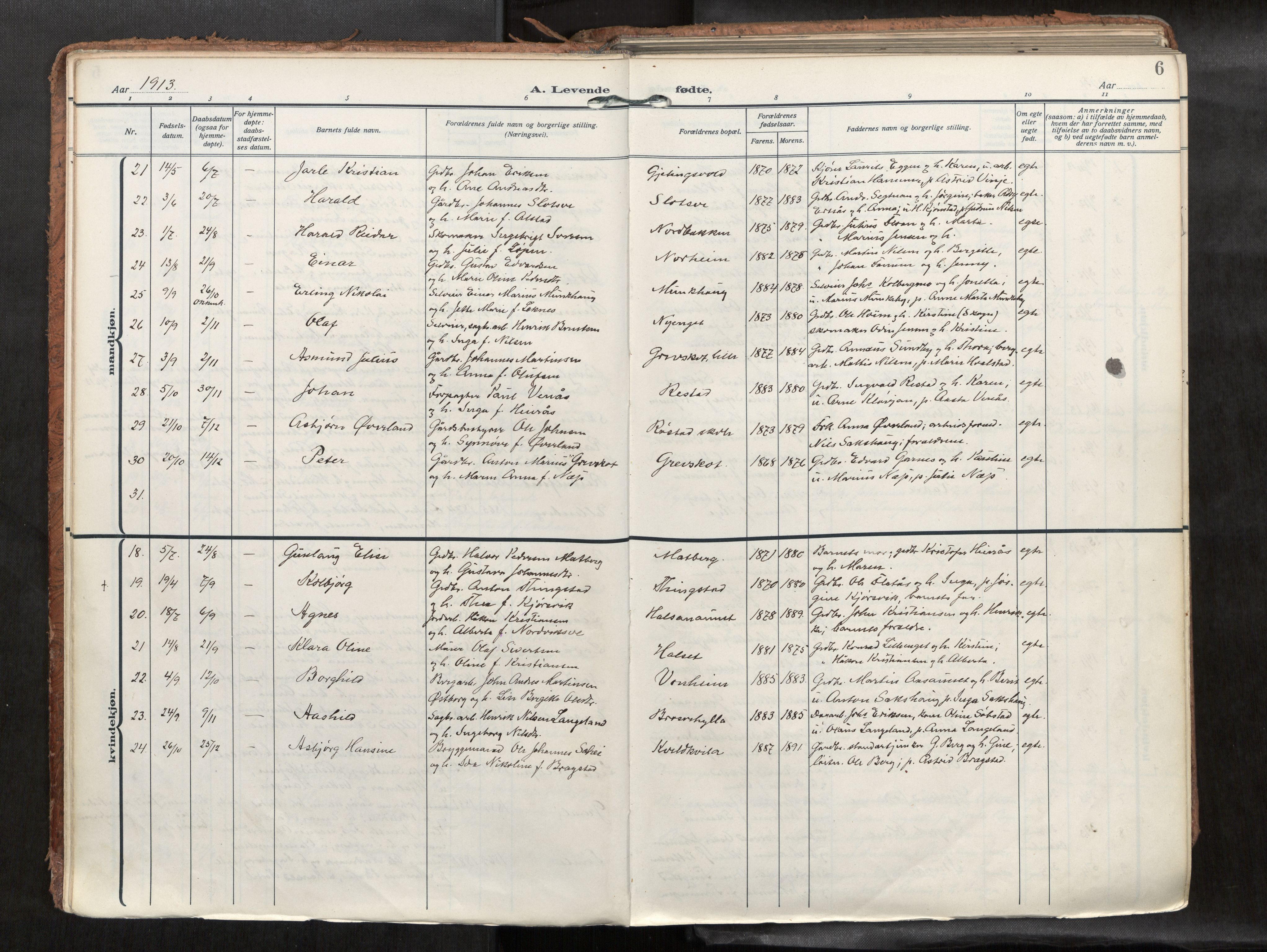 Levanger sokneprestkontor, SAT/A-1301/2/H/Haa/L0002: Parish register (official) no. 2, 1912-1935, p. 6