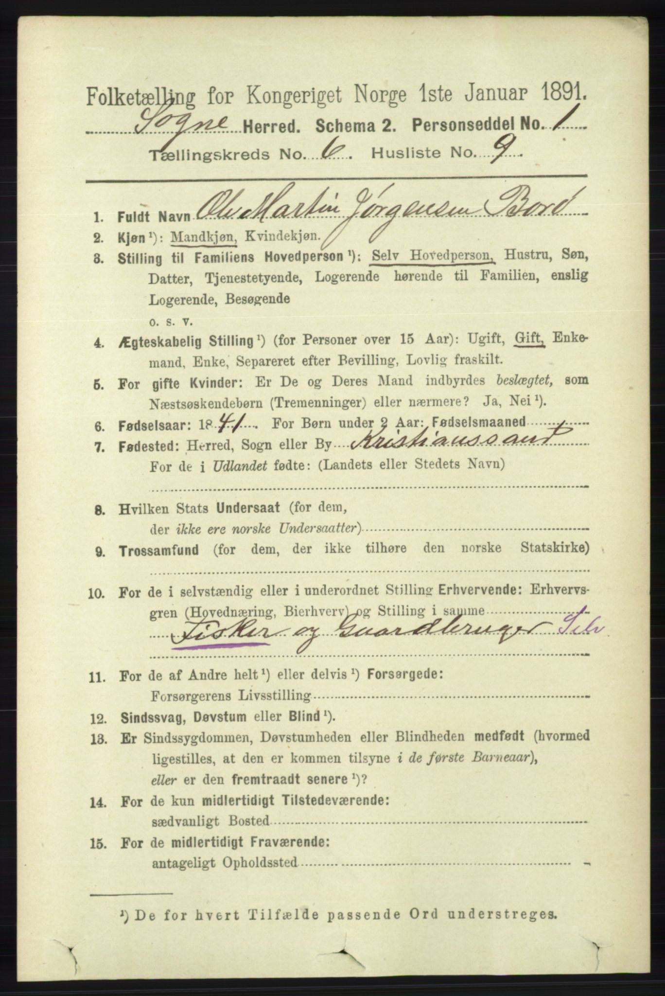 RA, 1891 census for 1018 Søgne, 1891, p. 1418