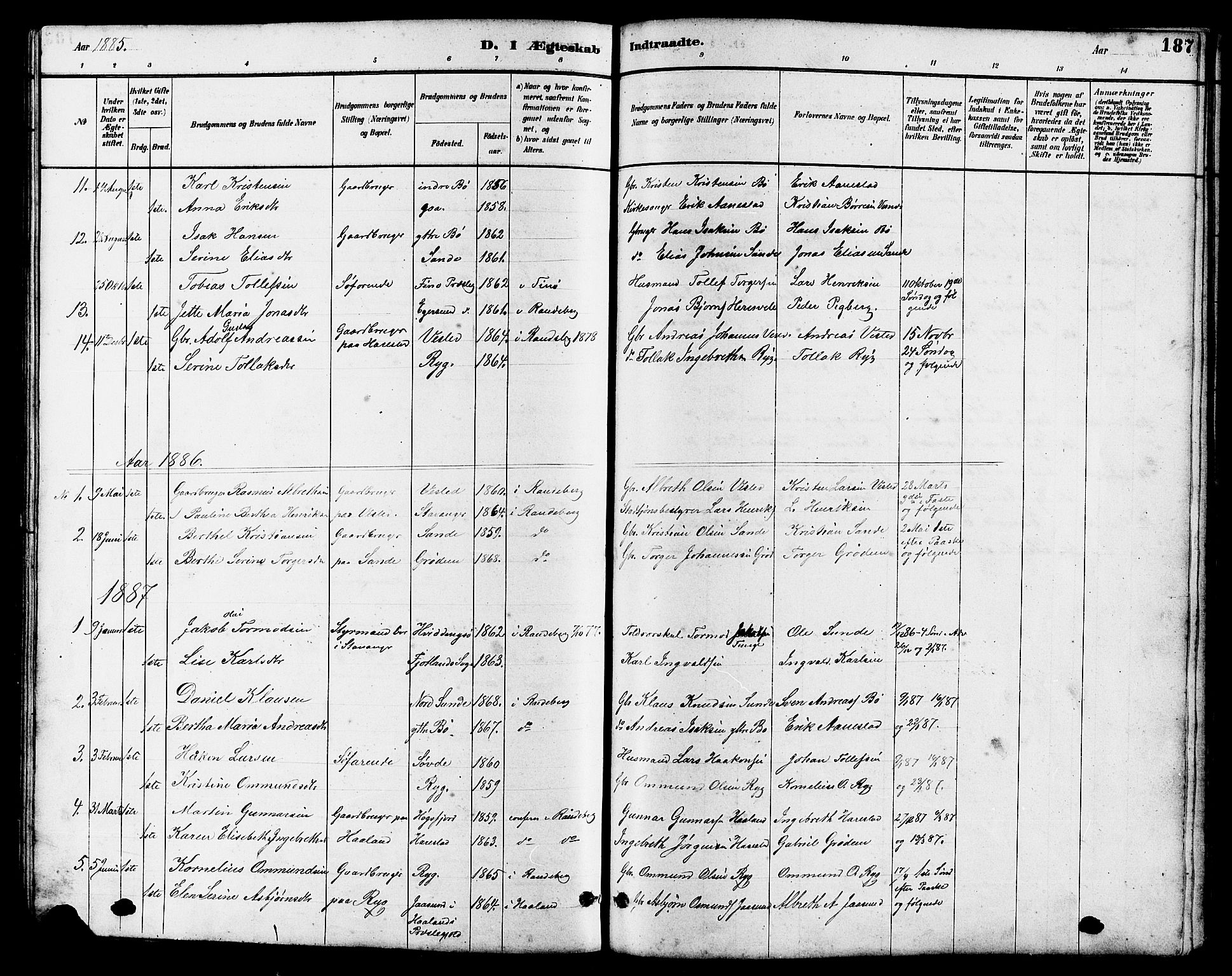 Hetland sokneprestkontor, SAST/A-101826/30/30BB/L0006: Parish register (copy) no. B 6, 1878-1921, p. 187