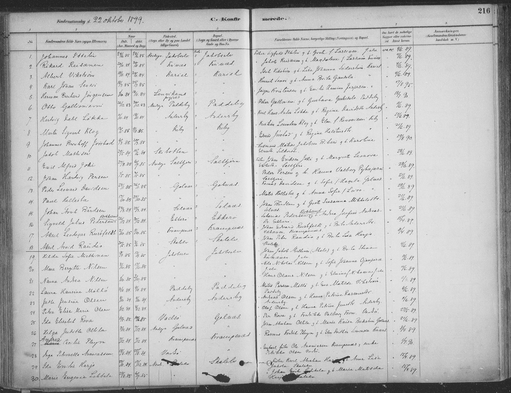 Vadsø sokneprestkontor, SATØ/S-1325/H/Ha/L0009kirke: Parish register (official) no. 9, 1881-1917, p. 216