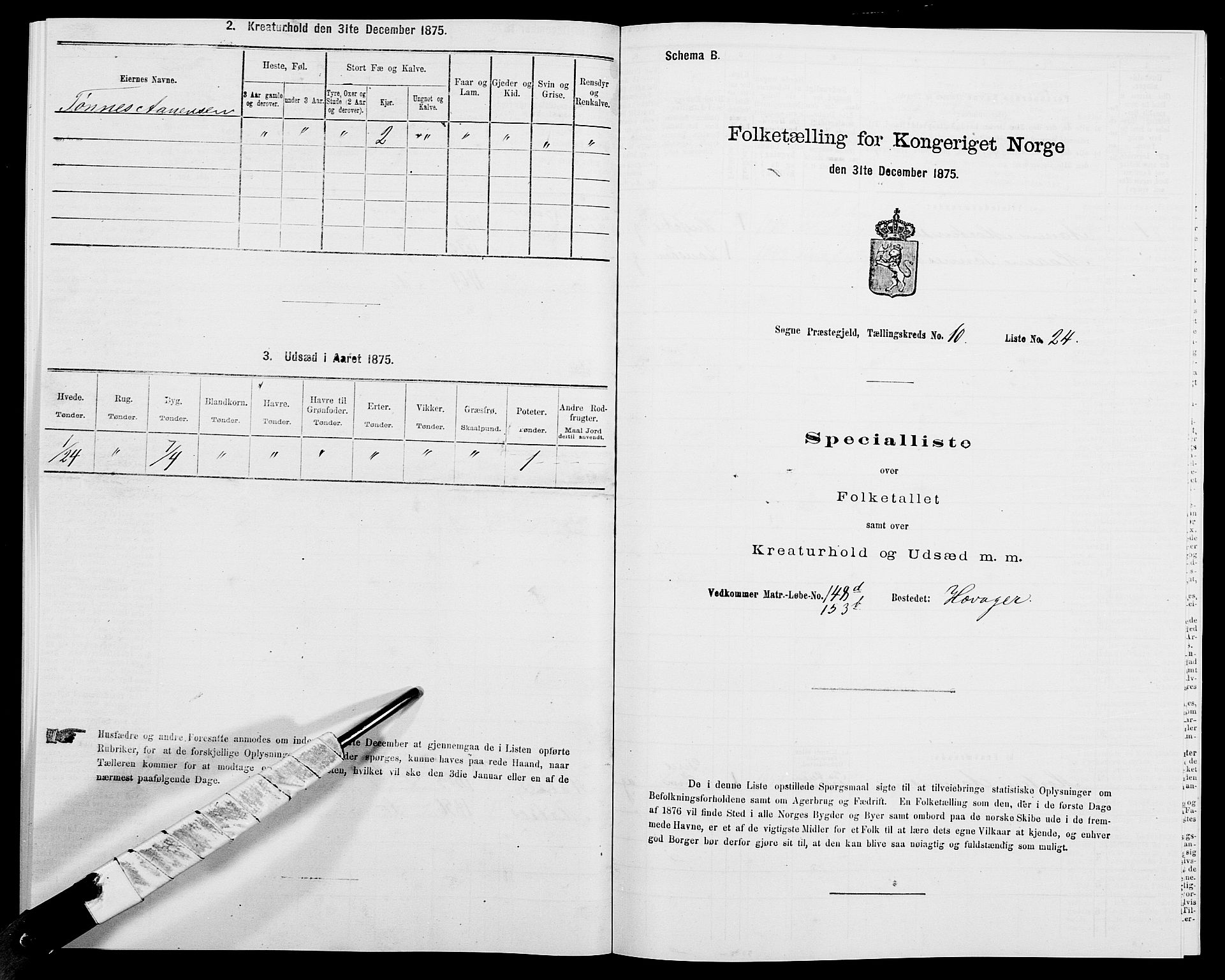 SAK, 1875 census for 1018P Søgne, 1875, p. 830