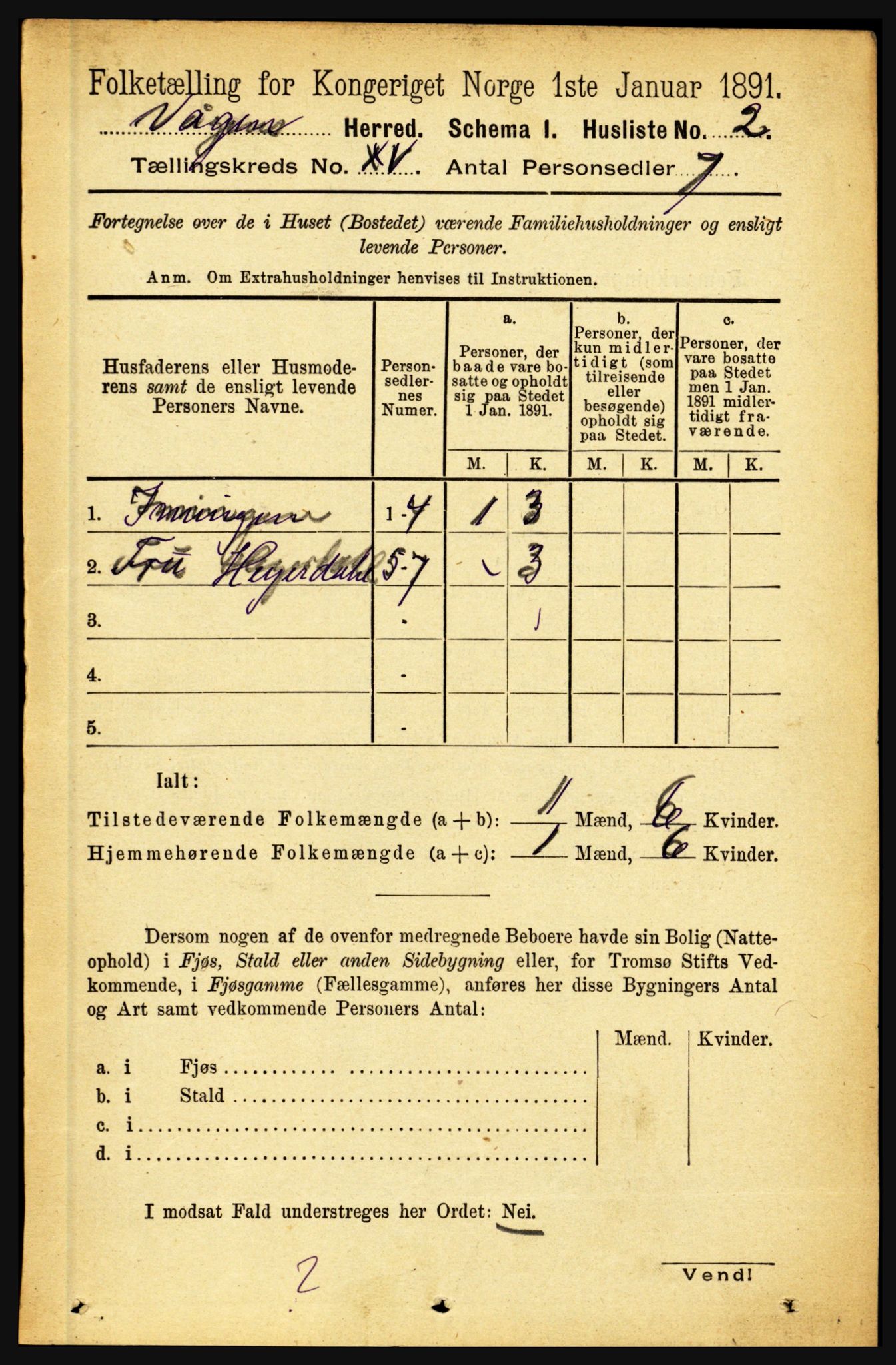 RA, 1891 census for 1865 Vågan, 1891, p. 4027