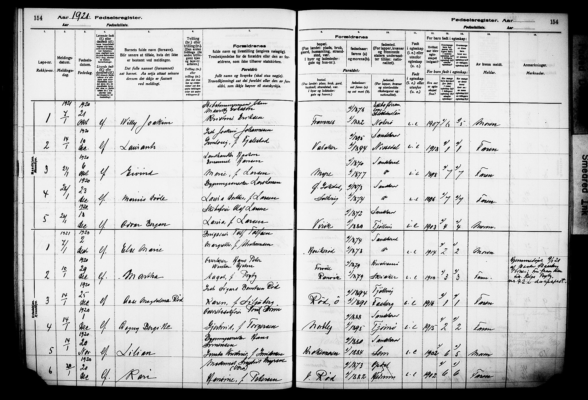 Sandar kirkebøker, AV/SAKO-A-243/J/Ja/L0001: Birth register no. 1, 1916-1922, p. 154