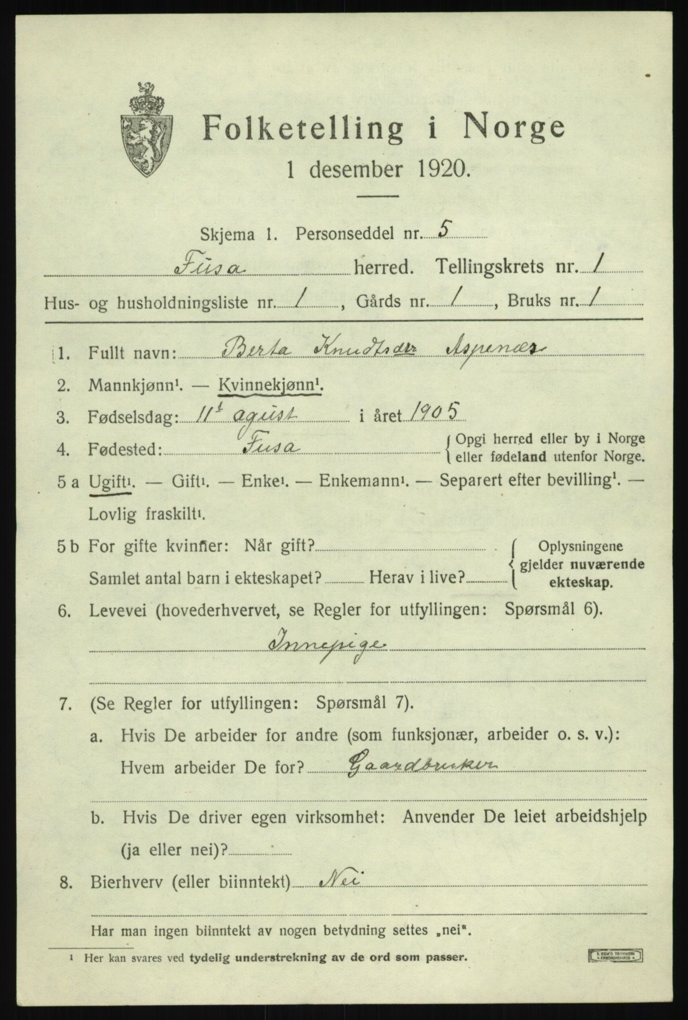 SAB, 1920 census for Fusa, 1920, p. 451