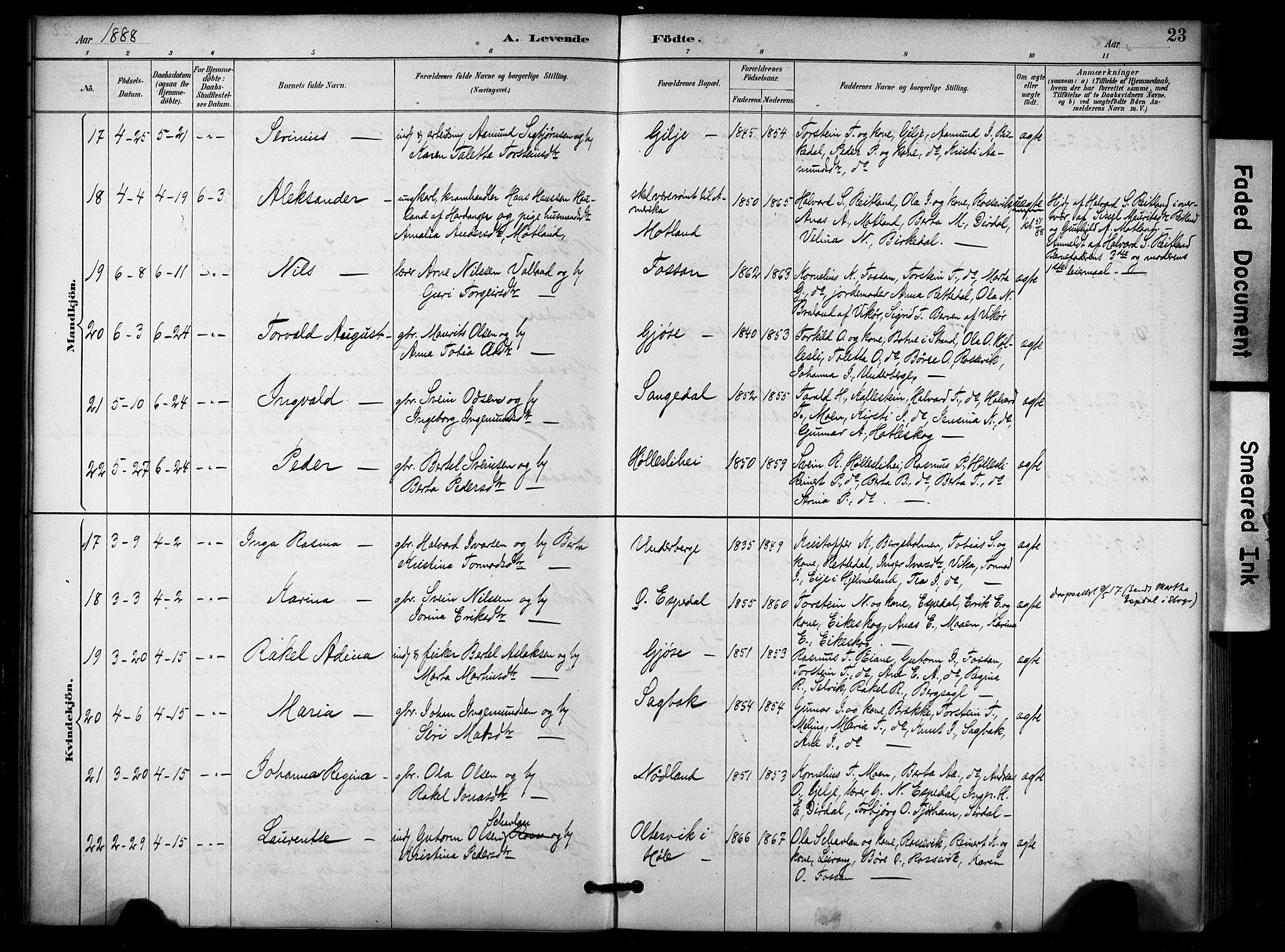 Høgsfjord sokneprestkontor, AV/SAST-A-101624/H/Ha/Haa/L0006: Parish register (official) no. A 6, 1885-1897, p. 23