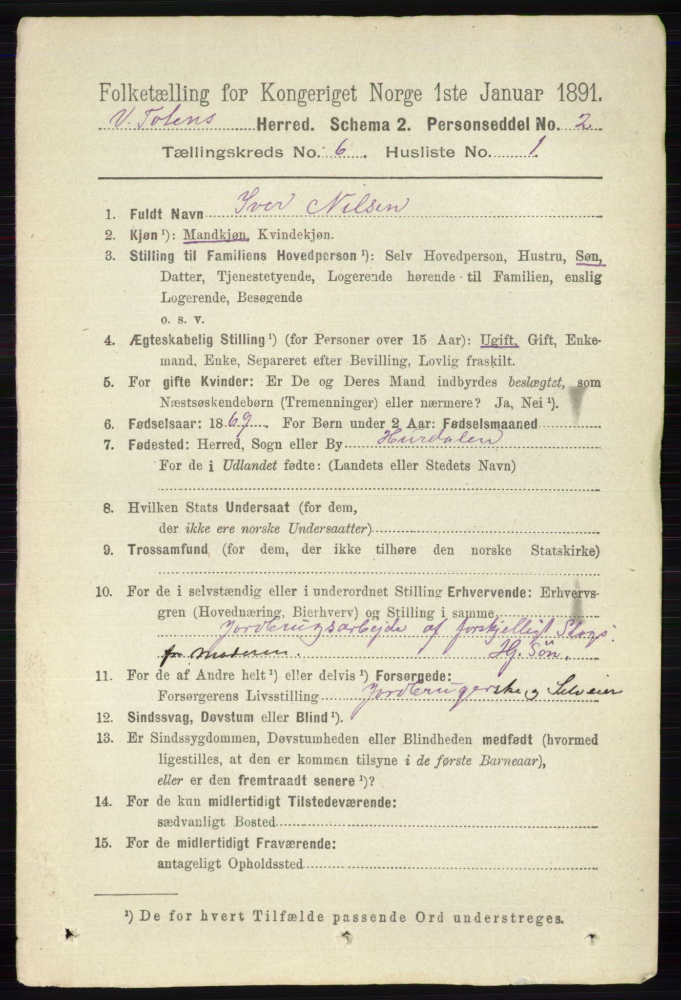 RA, 1891 census for 0529 Vestre Toten, 1891, p. 3816