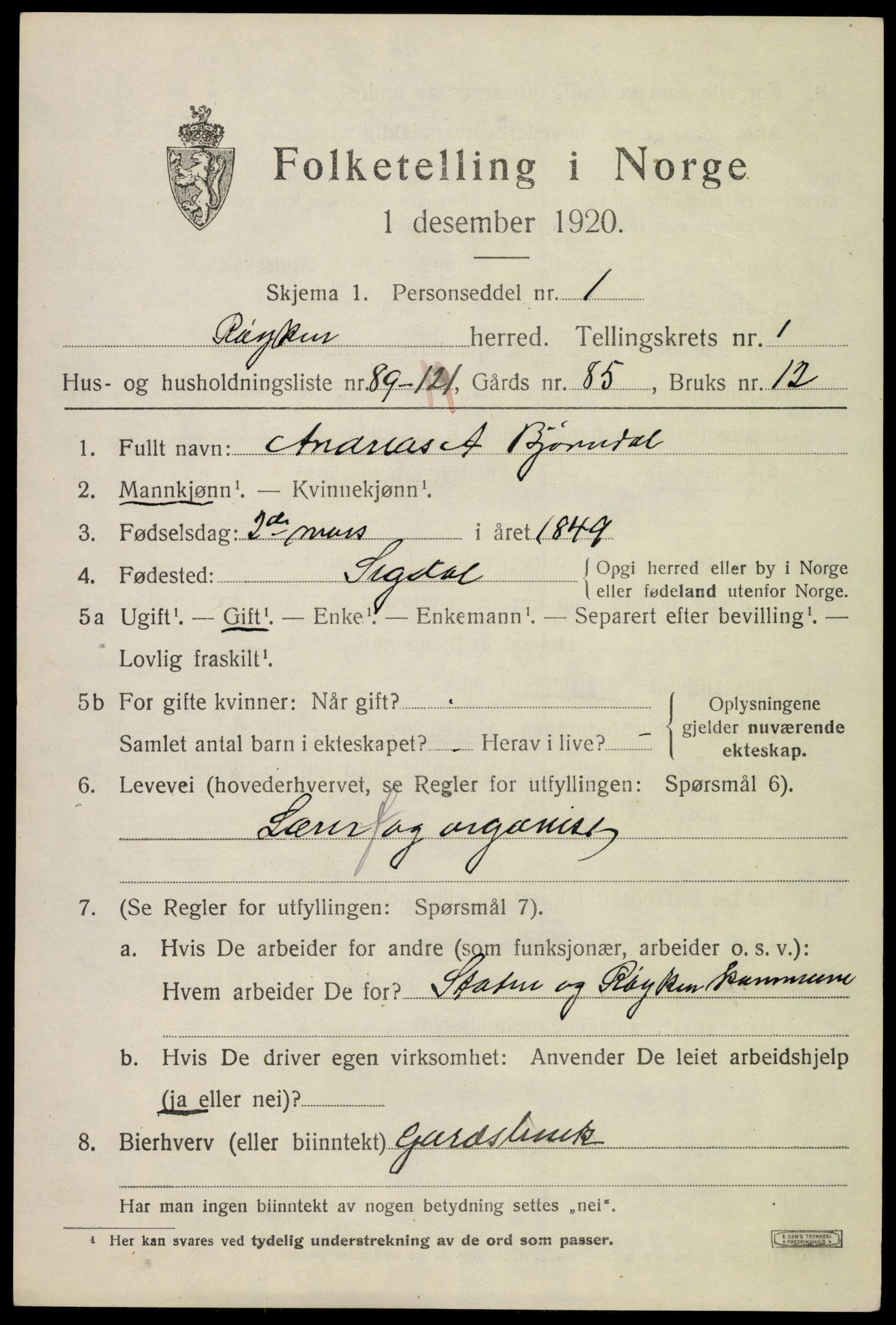 SAKO, 1920 census for Røyken, 1920, p. 2874