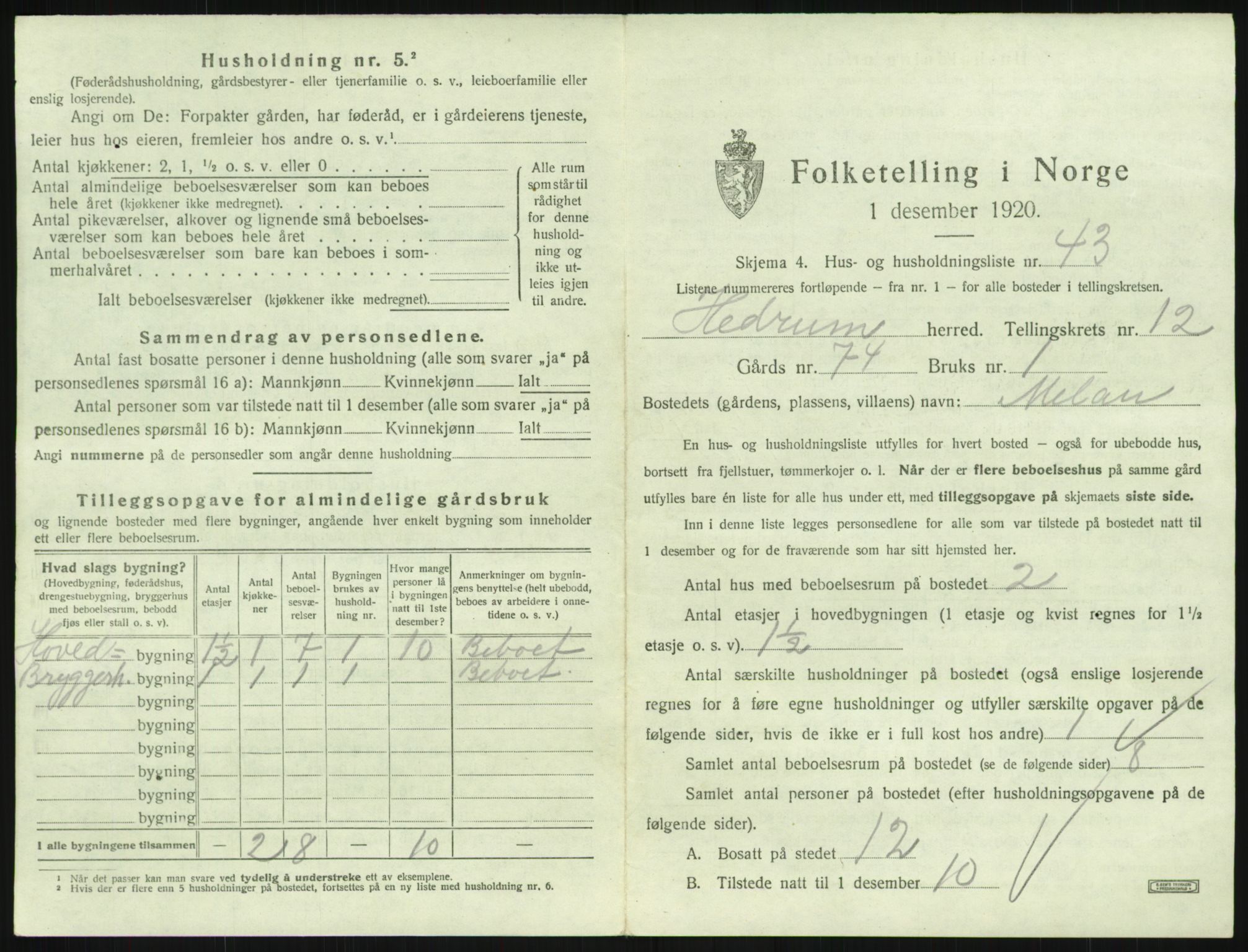 SAKO, 1920 census for Hedrum, 1920, p. 1163