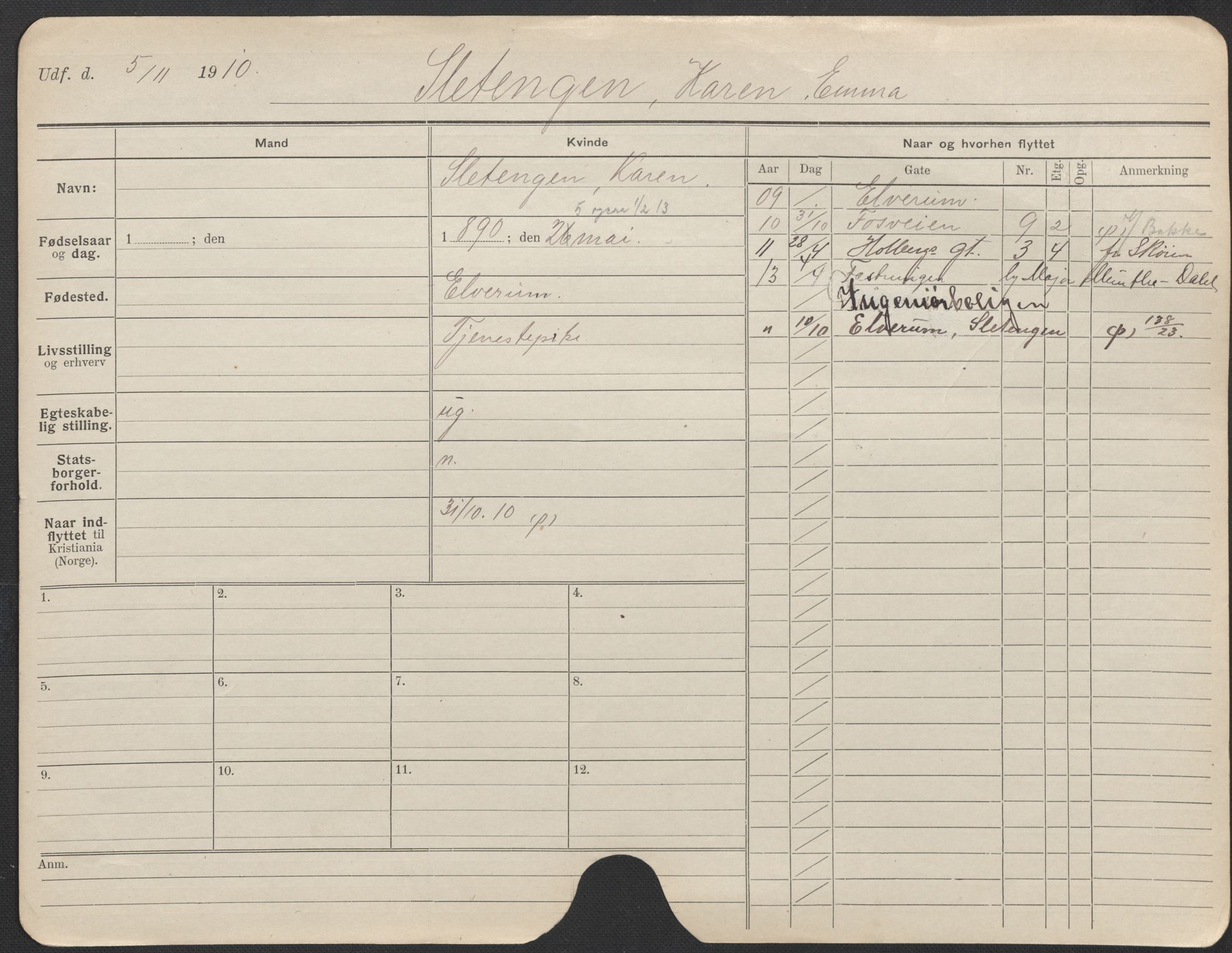 Oslo folkeregister, Registerkort, AV/SAO-A-11715/F/Fa/Fac/L0024: Kvinner, 1906-1914, p. 9a