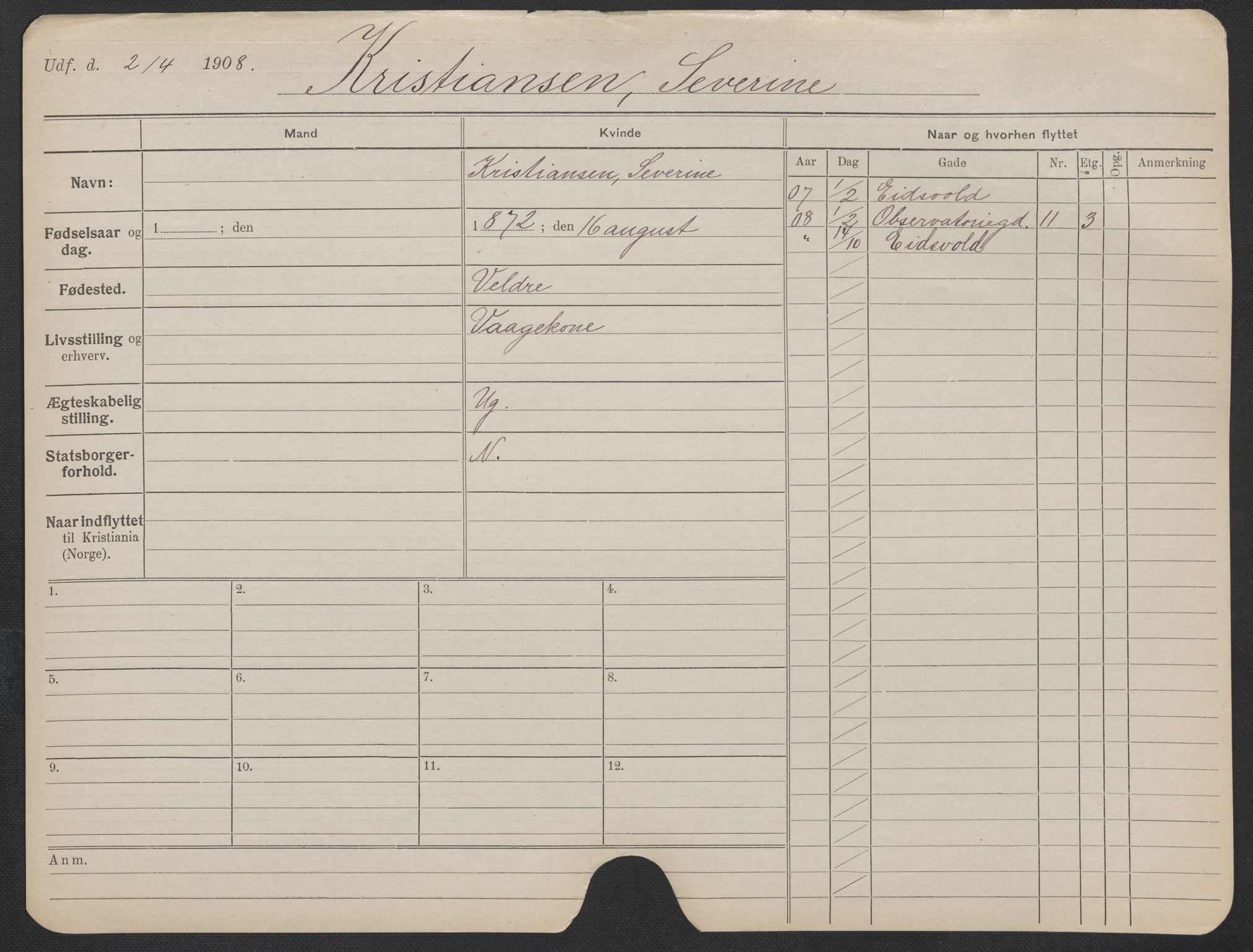 Oslo folkeregister, Registerkort, AV/SAO-A-11715/F/Fa/Fac/L0019: Kvinner, 1906-1914, p. 452a