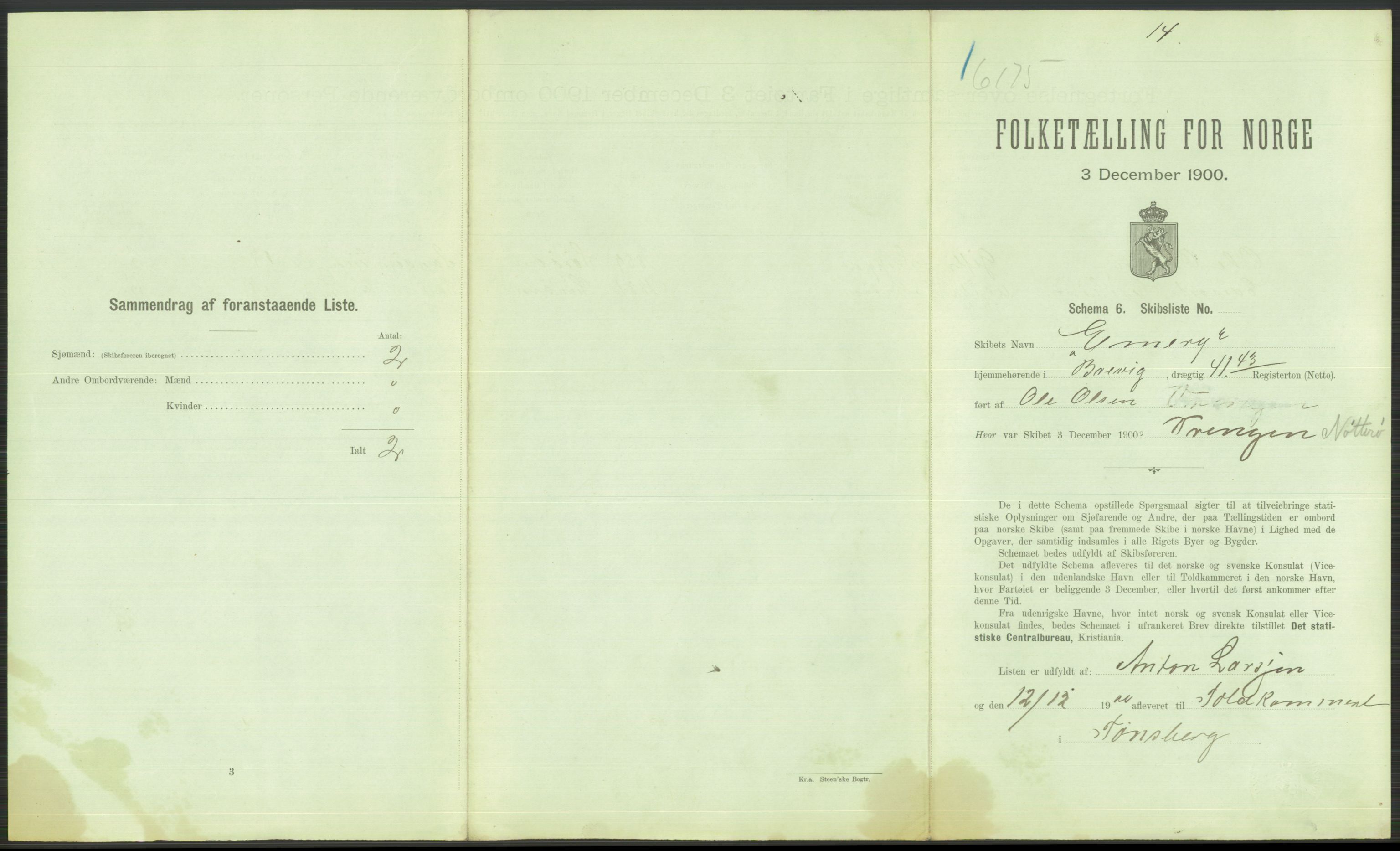 RA, 1900 Census - ship lists from ships in Norwegian harbours, harbours abroad and at sea, 1900, p. 493