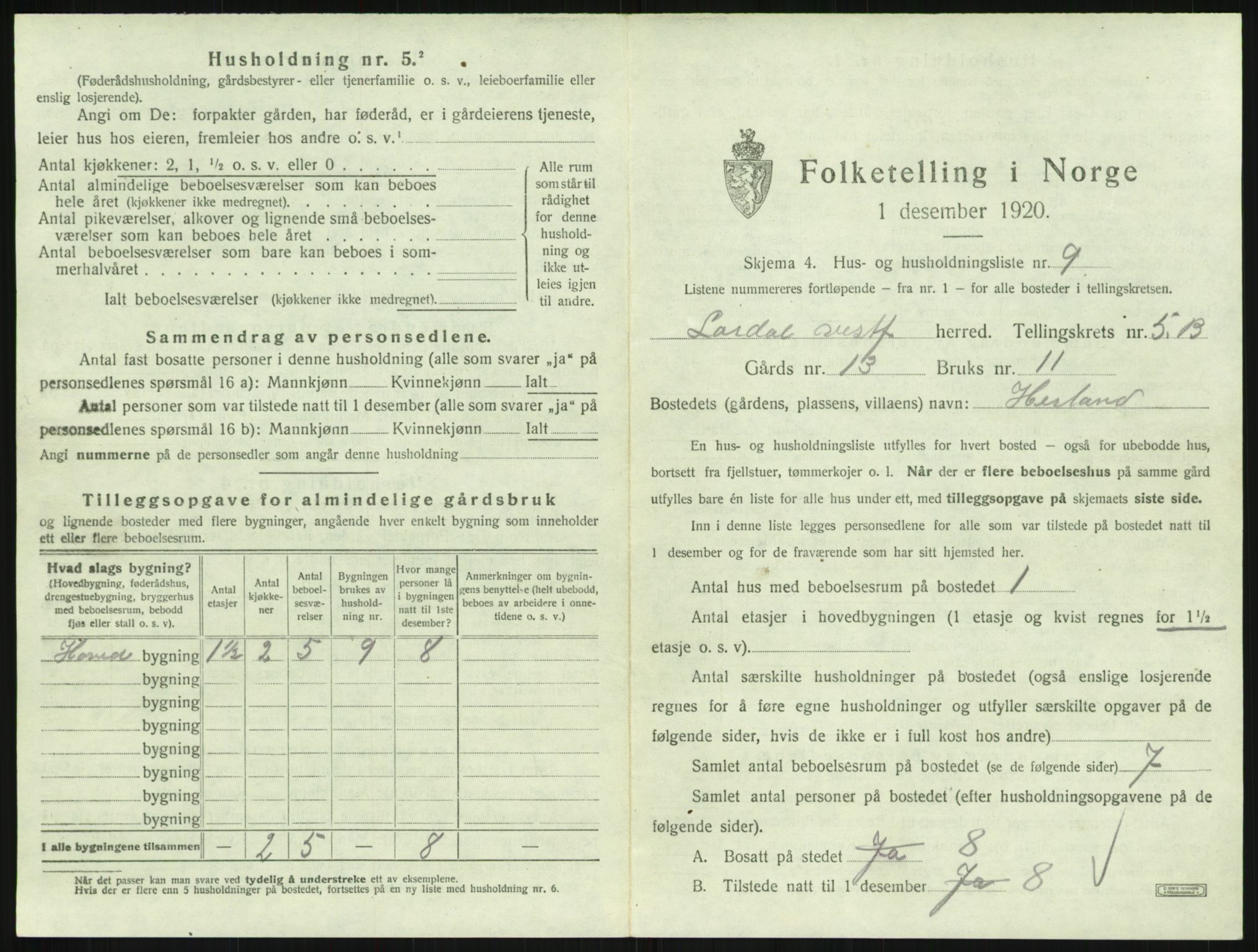 SAKO, 1920 census for Lardal, 1920, p. 837