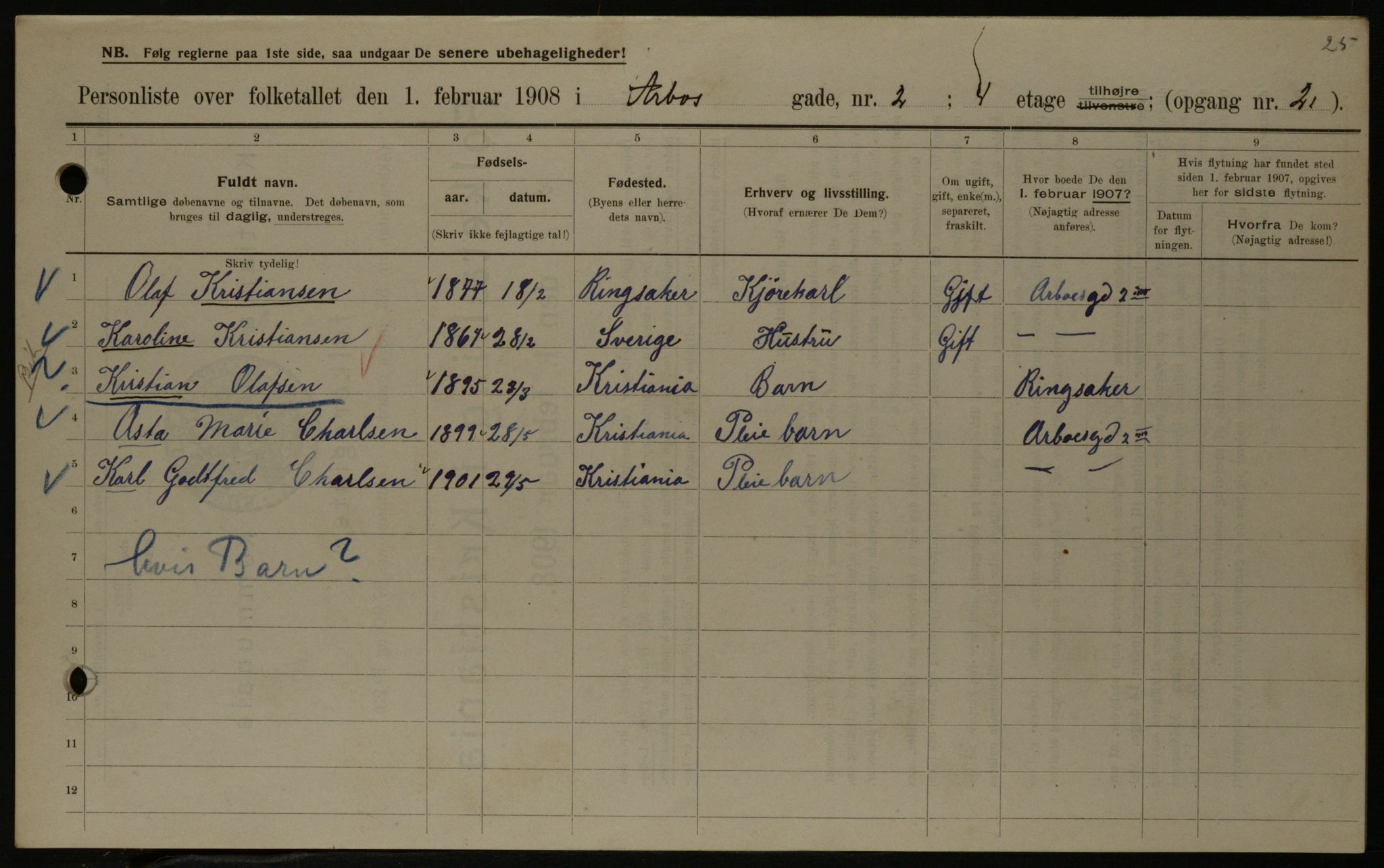 OBA, Municipal Census 1908 for Kristiania, 1908, p. 2004