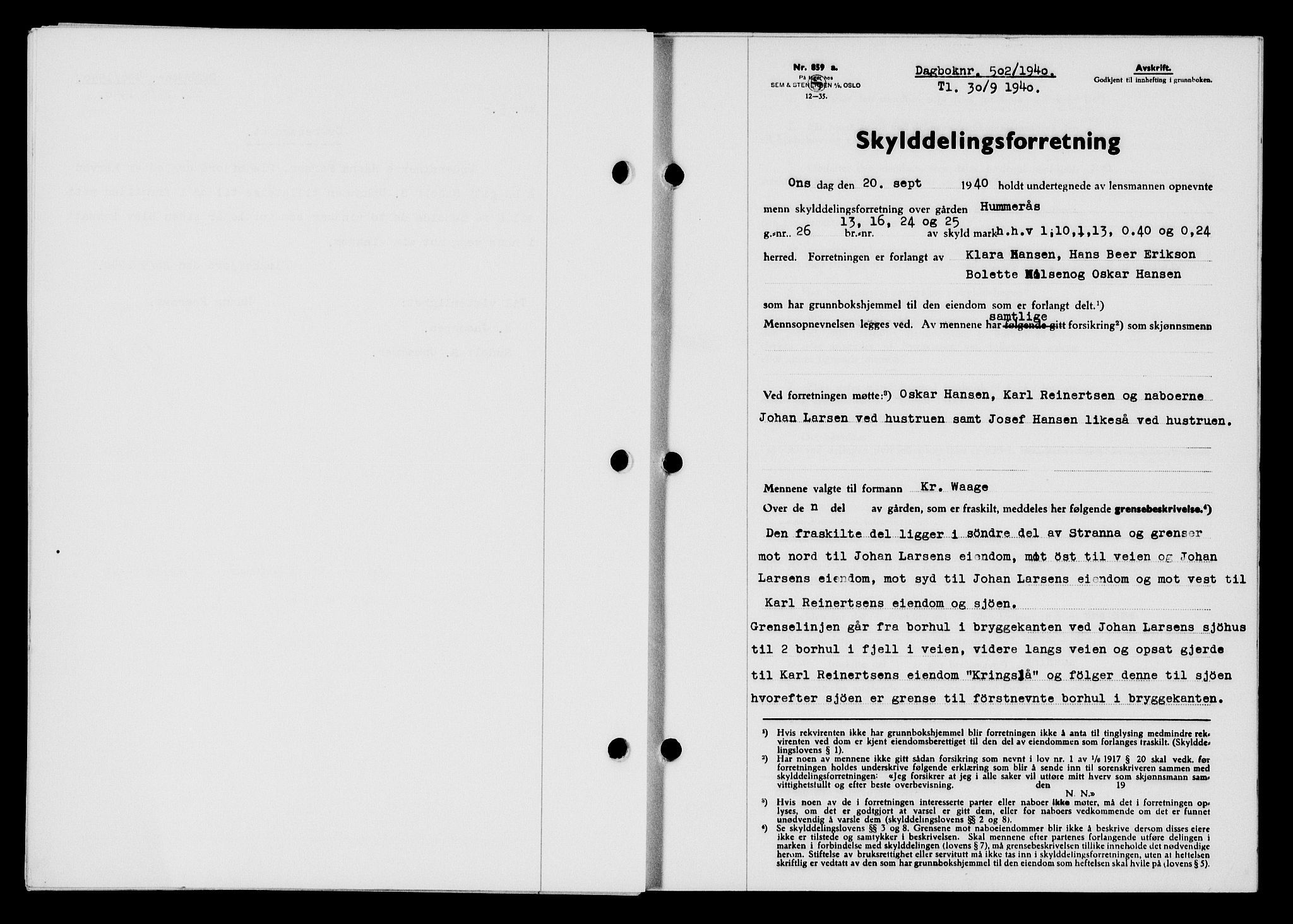 Flekkefjord sorenskriveri, AV/SAK-1221-0001/G/Gb/Gba/L0056: Mortgage book no. A-4, 1940-1941, Diary no: : 502/1940