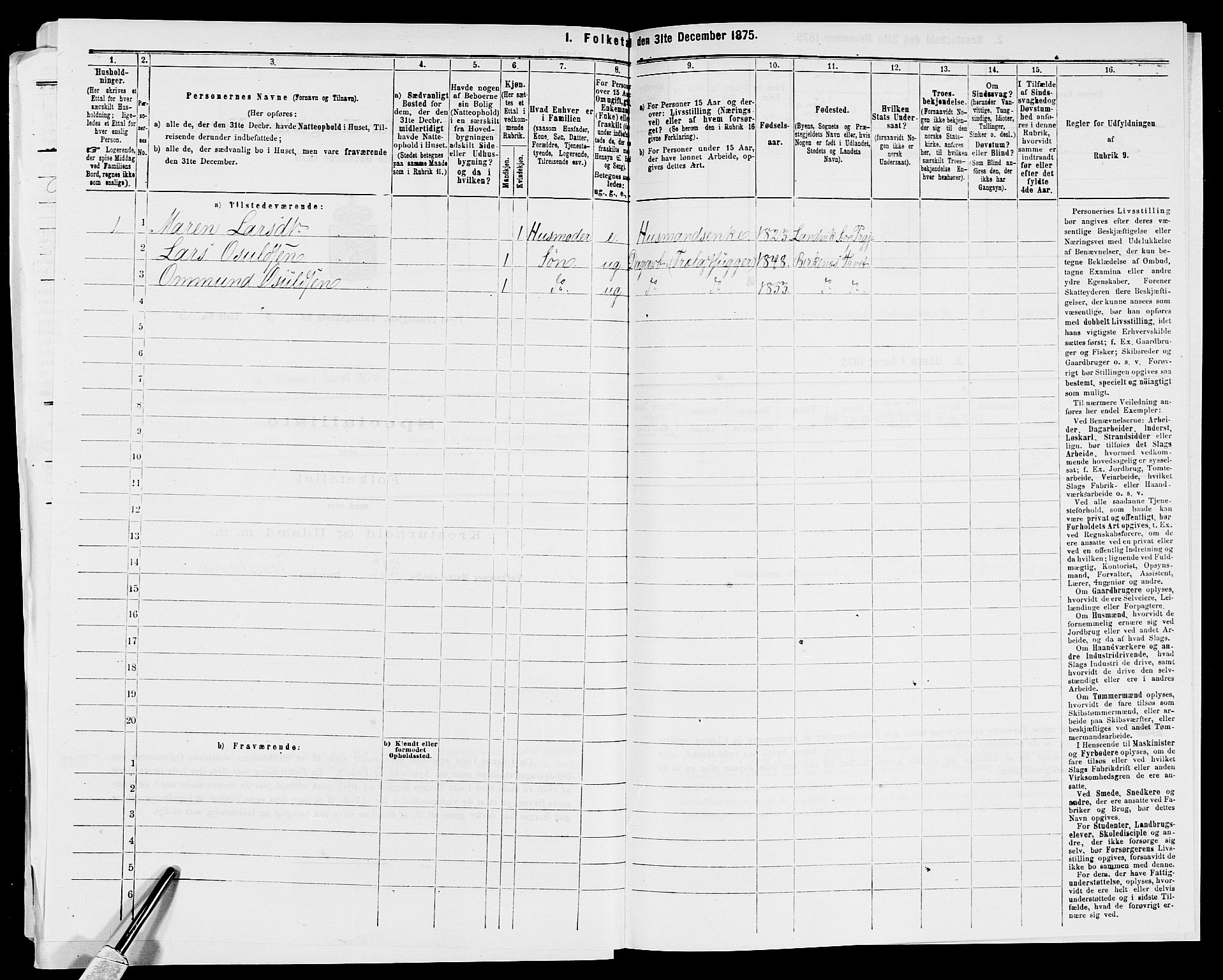 SAK, 1875 census for 1013P Tveit, 1875, p. 1101