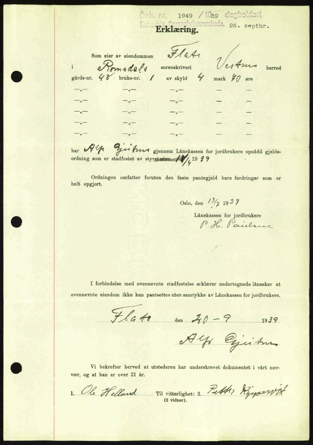 Romsdal sorenskriveri, AV/SAT-A-4149/1/2/2C: Mortgage book no. B2, 1939-1945, Diary no: : 1949/1939