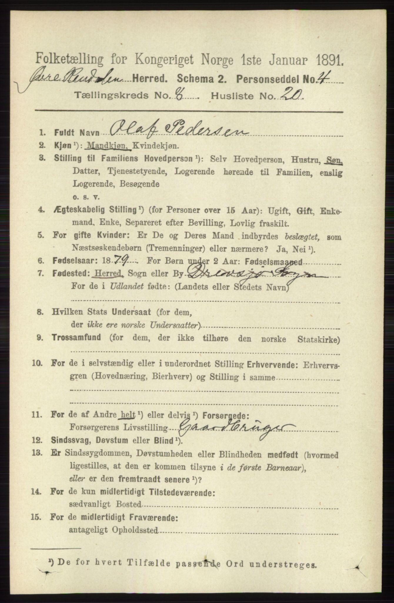 RA, 1891 census for 0433 Øvre Rendal, 1891, p. 2134