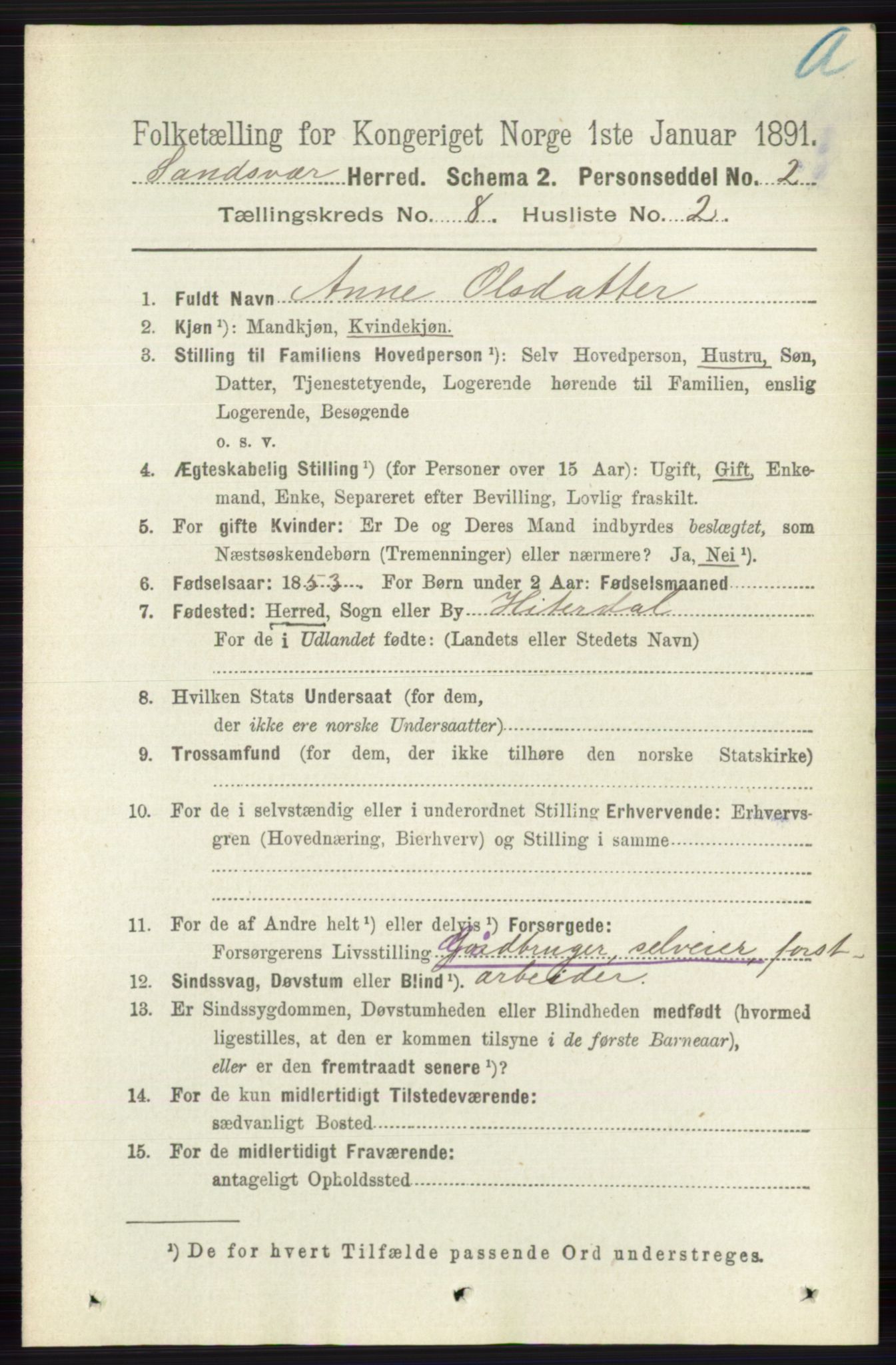 RA, 1891 census for 0629 Sandsvær, 1891, p. 4292