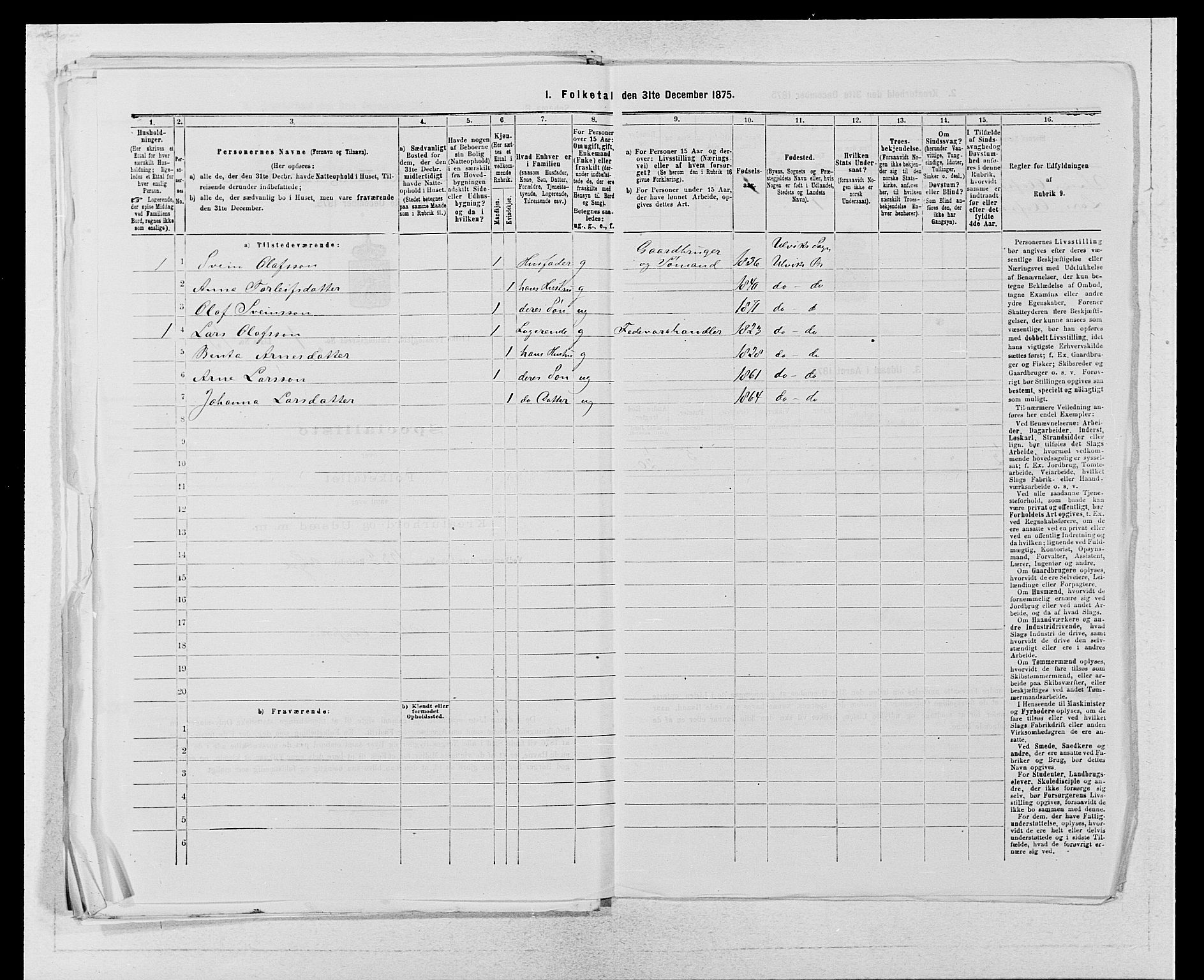 SAB, 1875 census for 1233P Ulvik, 1875, p. 292