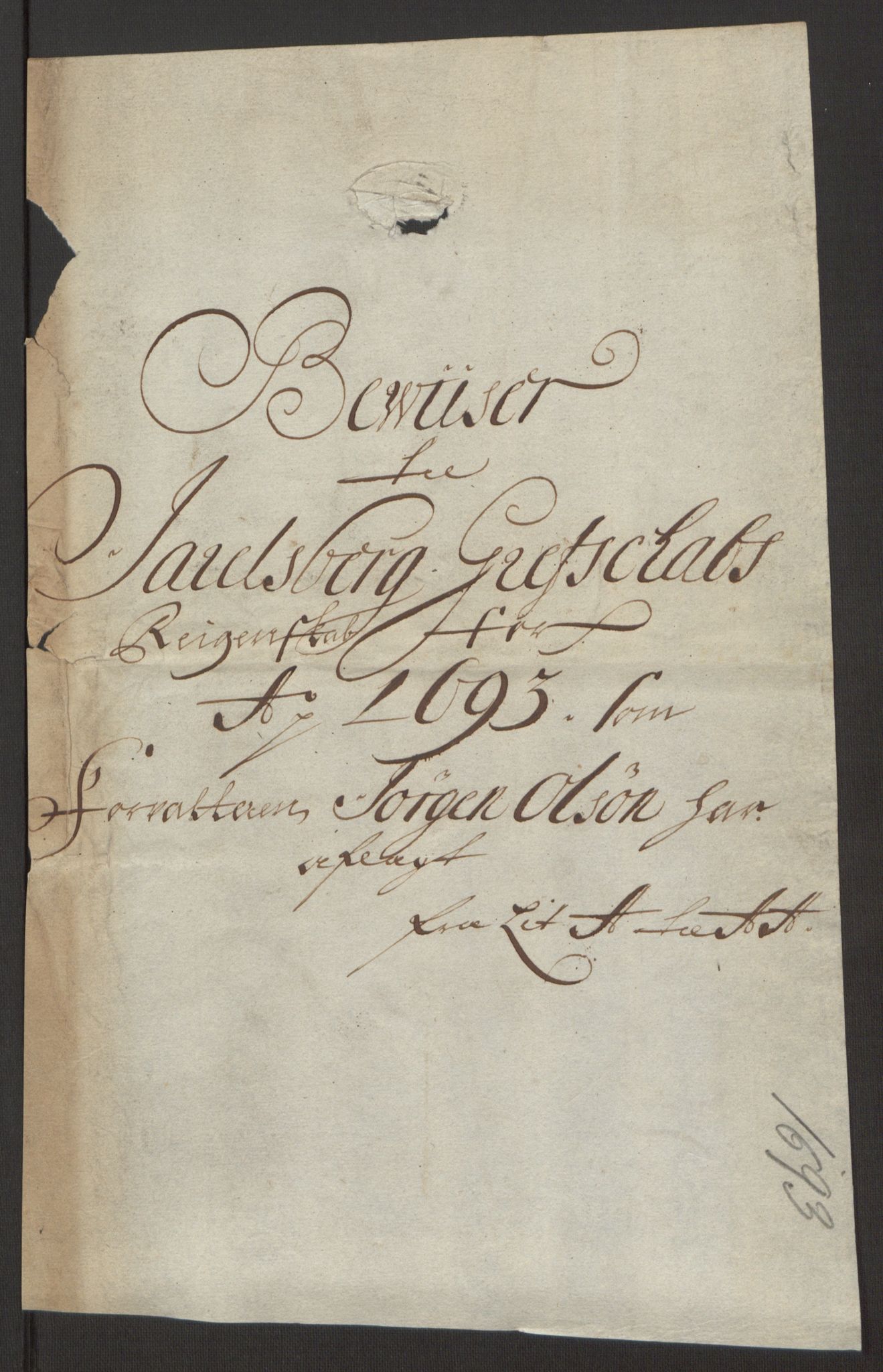 Rentekammeret inntil 1814, Reviderte regnskaper, Fogderegnskap, RA/EA-4092/R32/L1866: Fogderegnskap Jarlsberg grevskap, 1693, p. 421