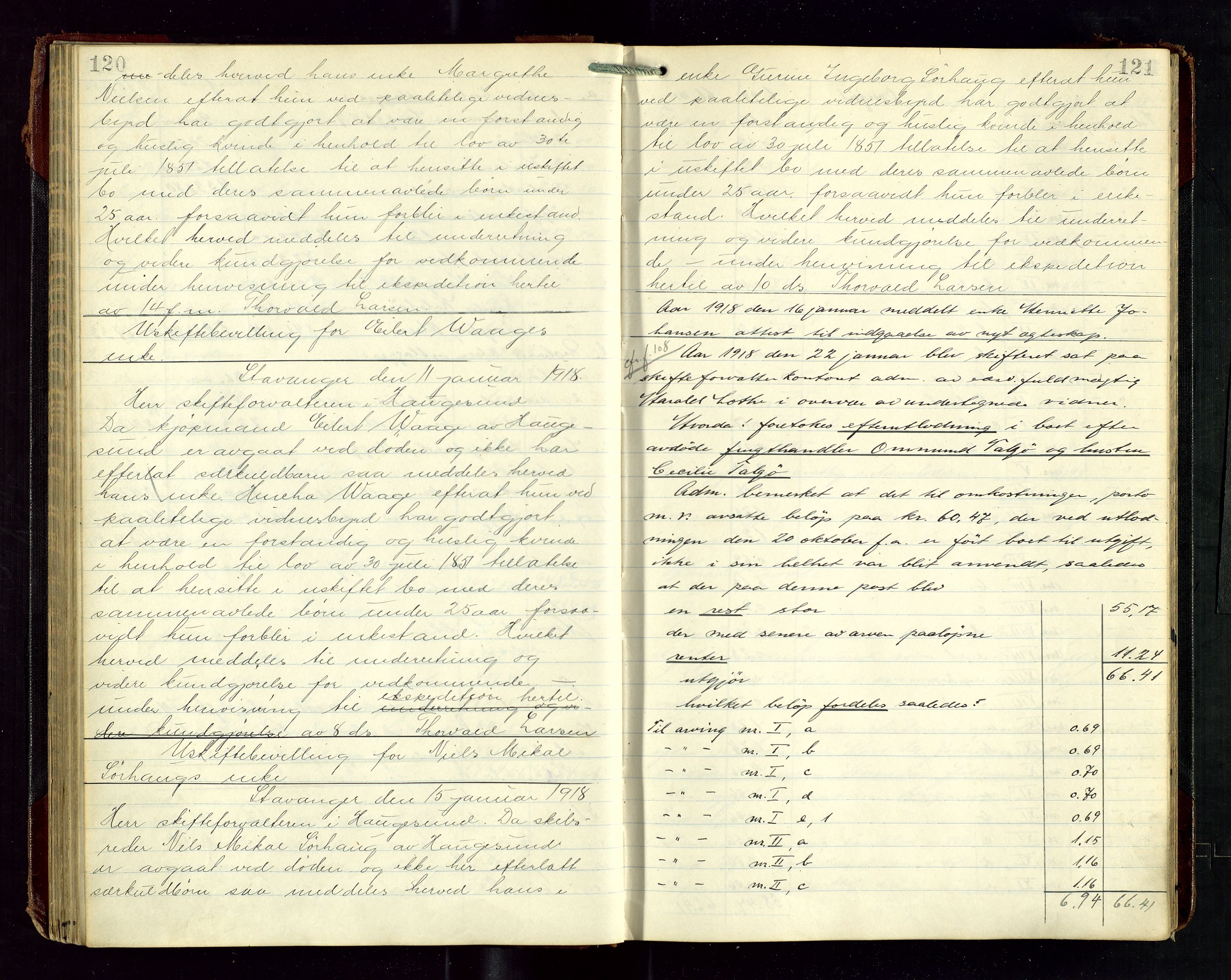 Haugesund tingrett, SAST/A-101415/01/IV/IVD/L0003: Skifteutlodningsprotokoll, med register, 1915-1924, p. 120-121