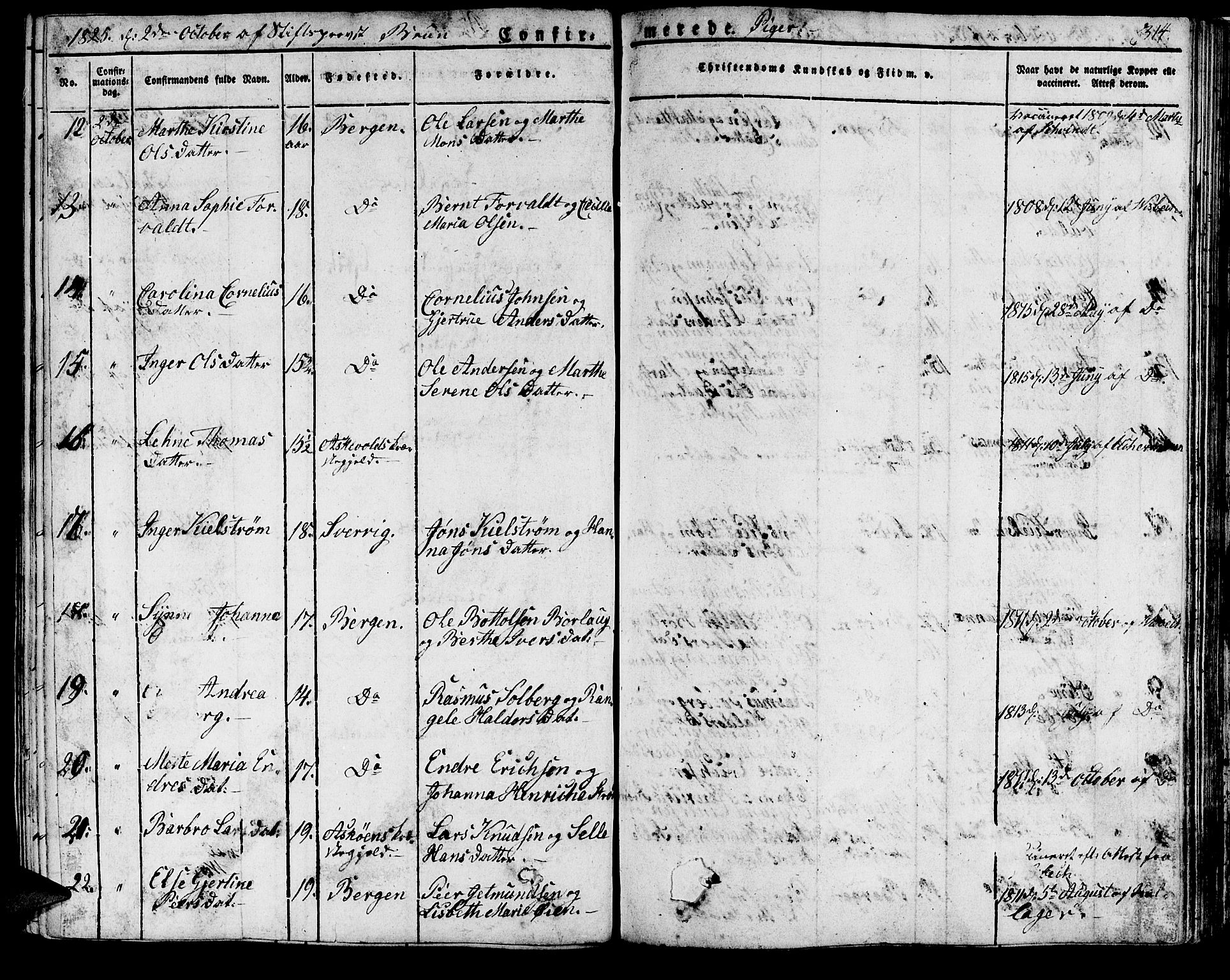 Domkirken sokneprestembete, SAB/A-74801/H/Haa/L0012: Parish register (official) no. A 12, 1821-1840, p. 314