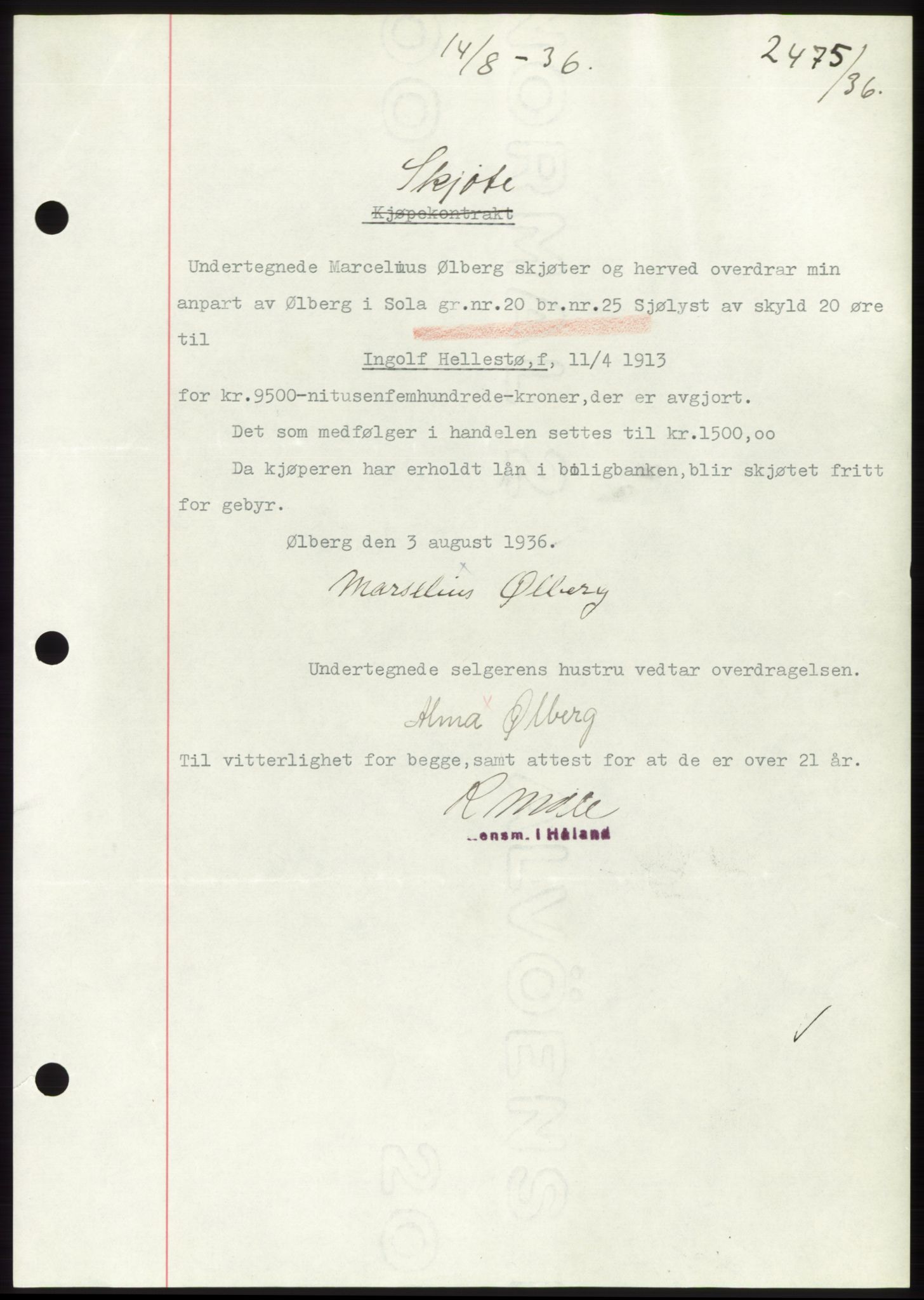 Jæren sorenskriveri, AV/SAST-A-100310/03/G/Gba/L0066: Mortgage book no. 71-72, 1936-1936, Diary no: : 2475/1936