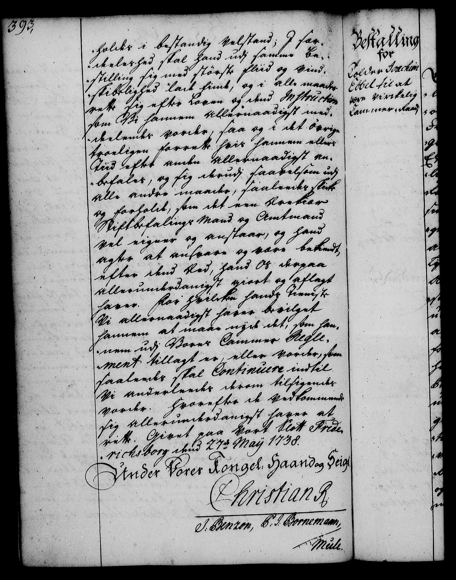 Rentekammeret, Kammerkanselliet, RA/EA-3111/G/Gg/Gge/L0002: Norsk bestallingsprotokoll med register (merket RK 53.26), 1730-1744, p. 393