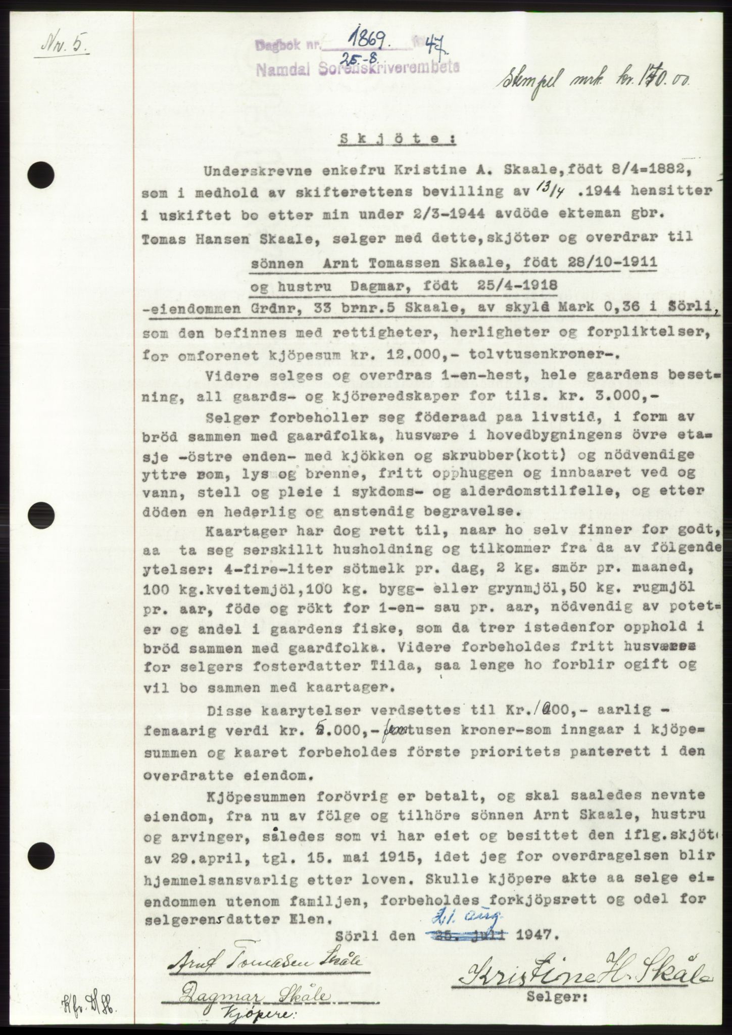 Namdal sorenskriveri, AV/SAT-A-4133/1/2/2C: Mortgage book no. -, 1947-1947, Diary no: : 1869/1947