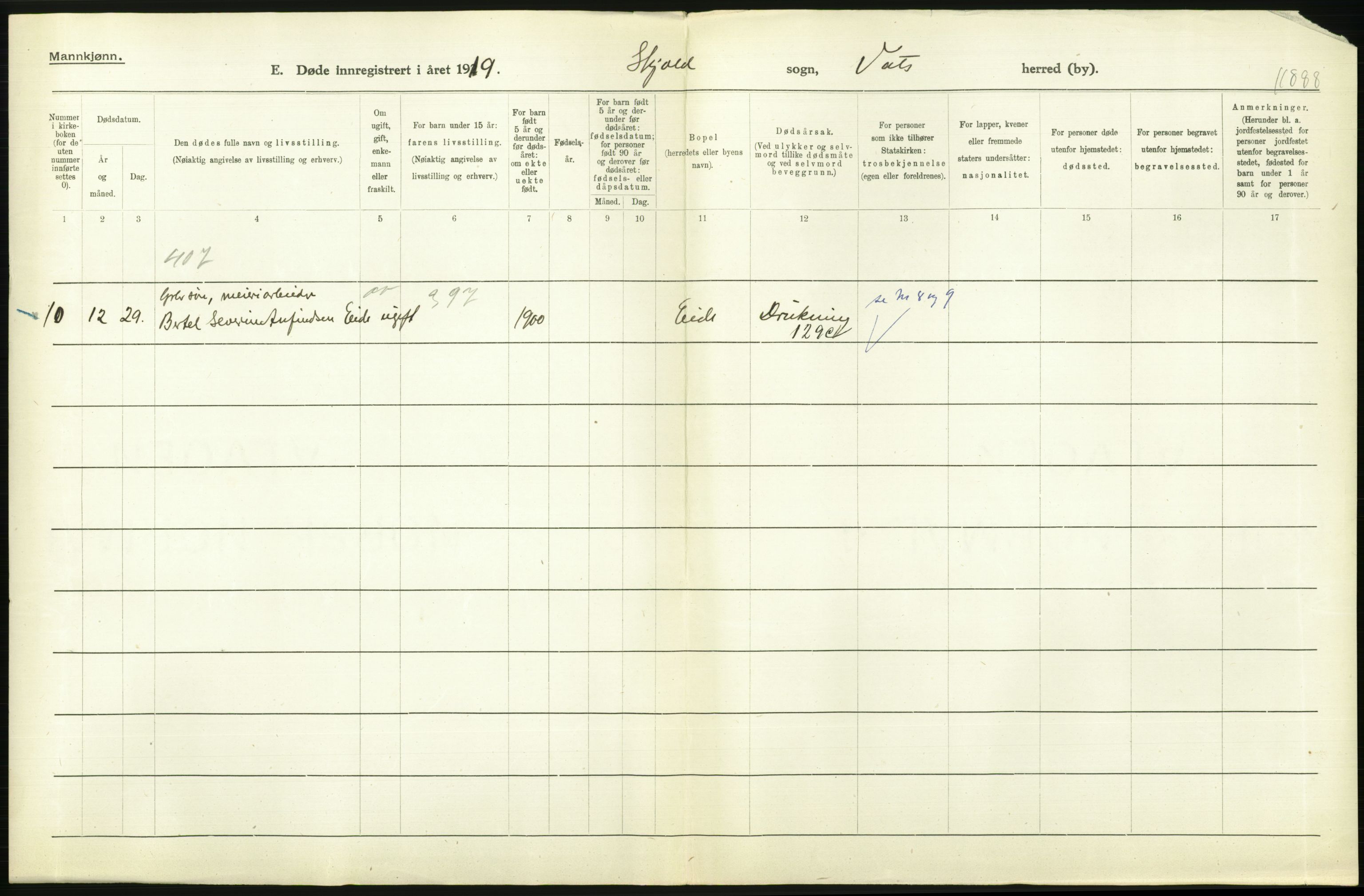 Statistisk sentralbyrå, Sosiodemografiske emner, Befolkning, AV/RA-S-2228/D/Df/Dfb/Dfbi/L0030: Rogaland fylke: Døde. Bygder og byer., 1919, p. 184