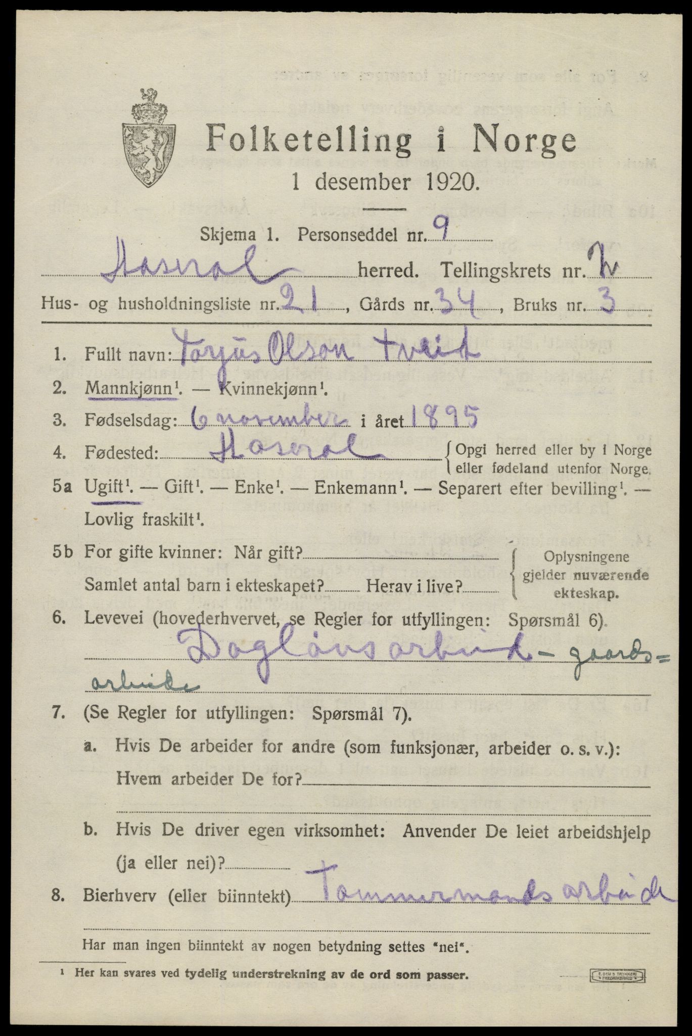 SAK, 1920 census for Åseral, 1920, p. 990