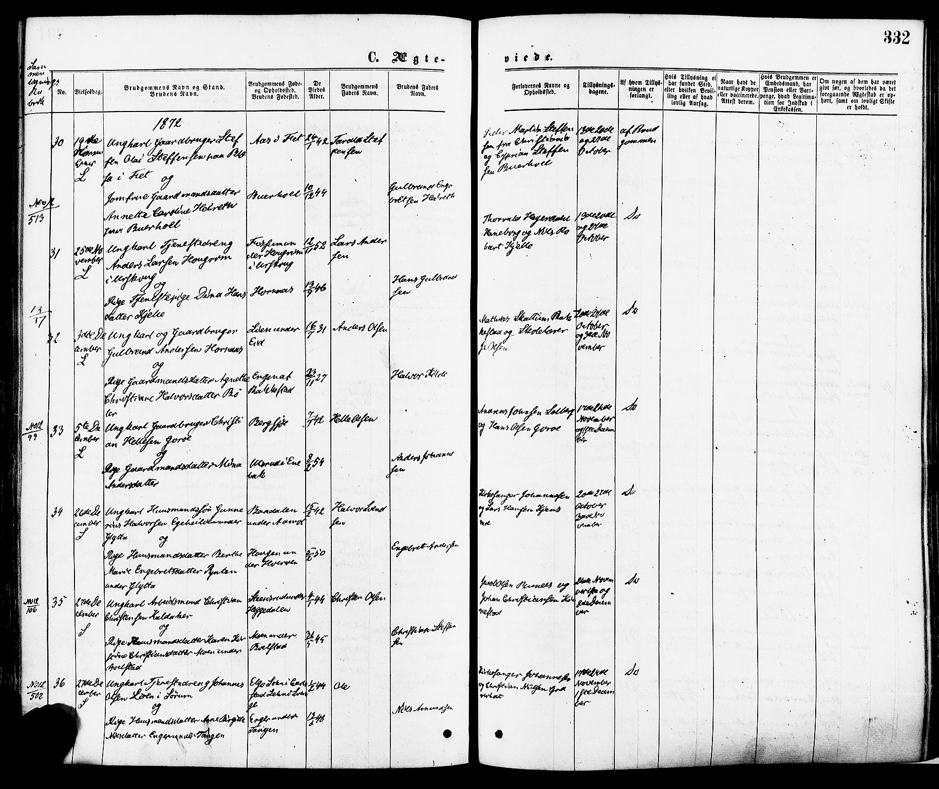 Høland prestekontor Kirkebøker, SAO/A-10346a/F/Fa/L0012.a: Parish register (official) no. I 12A, 1869-1879, p. 332