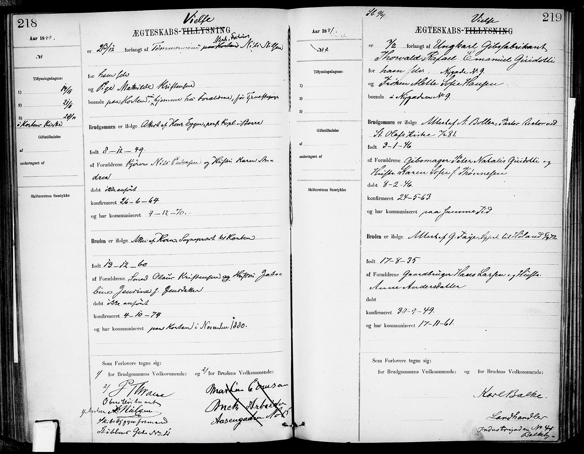 Garnisonsmenigheten Kirkebøker, SAO/A-10846/H/Ha/L0007: Banns register no. I 7, 1872-1893, p. 218-219