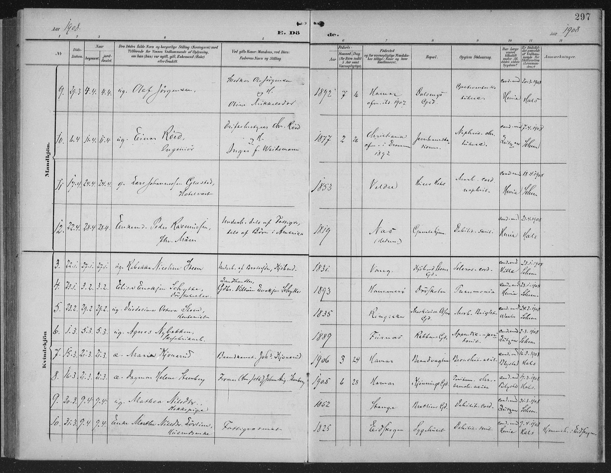 Hamar prestekontor, AV/SAH-DOMPH-002/H/Ha/Haa/L0001: Parish register (official) no. 1, 1900-1914, p. 297